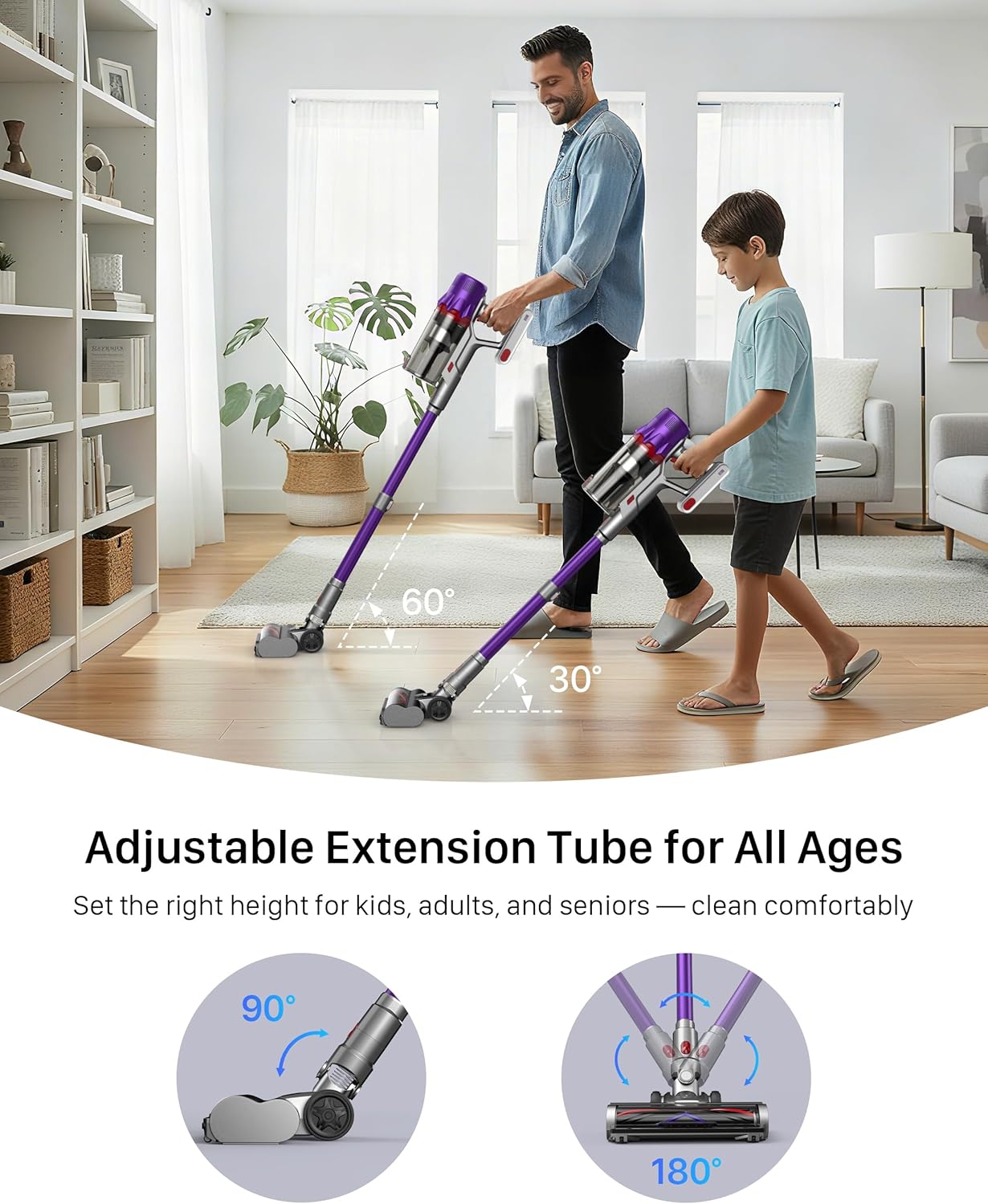 Cordless Vacuum Cleaner - Powerful Stick Vacuum with HEPA Filter, 55-Min Runtime, LED Light, Anti-Tangle Brush, Detachable Battery, Lightweight for Home, Pet Hair, Carpets & Hard Floors