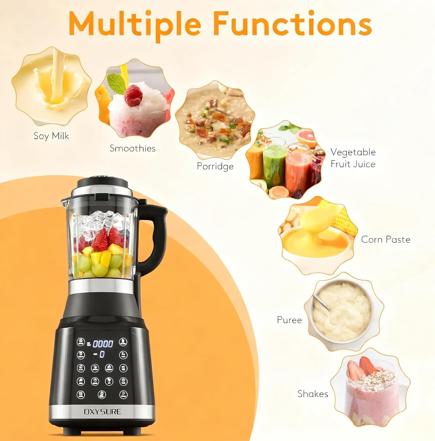 Blender with 14 Functions, 1400W High-Speed Motor, 59oz Capacity, Food Processor for Smoothies, Soy Milk, Soup, Food & Juice, Multifunctional Heating Mixer (Black)