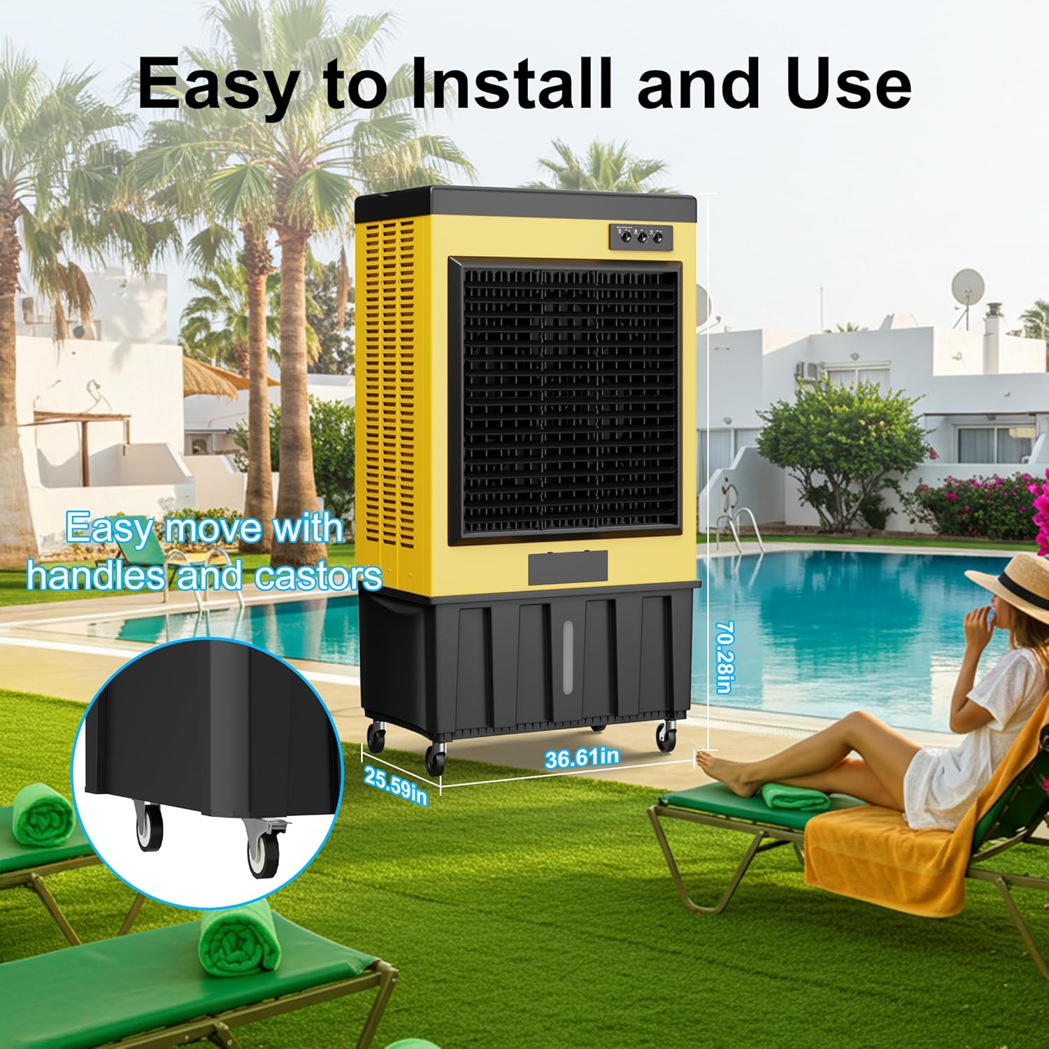 AKIRES 14715CFM Swamp Coolers,Evaporative Air Cooler for 2800Sq.ft of Space,with Continuous Auto Fill,53-Gal Water Tank,120°Oscillation,5 Ice Packs,Cooling Fan for Outdoor,Indoor Yellow(71IN)