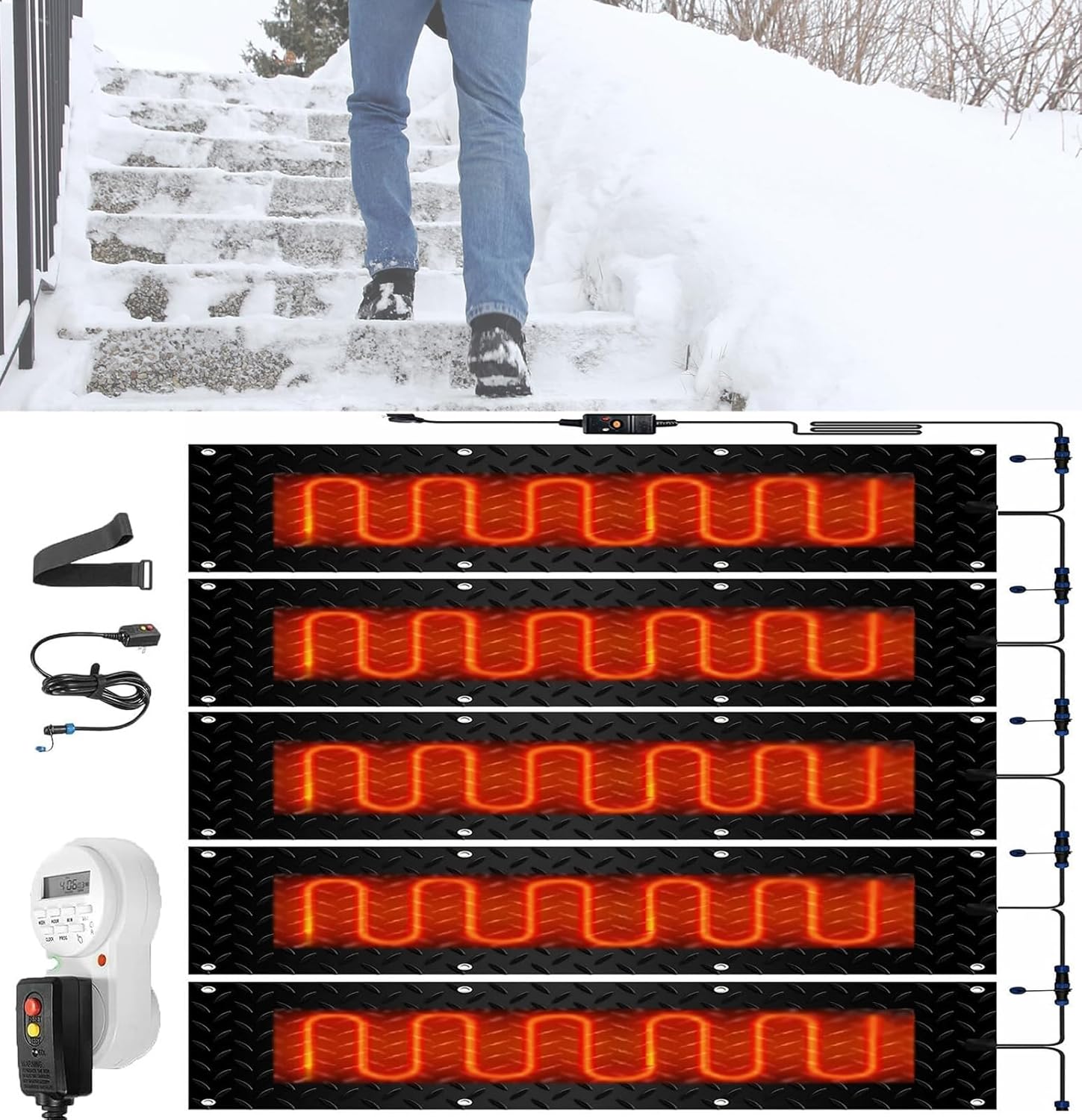 Snow Melting Stairs Walkway Mat with Timer, Non Slip Rubber Heated Mat w/Power Cord, Speed Snow and Ice Heated Pad for Winter Outdoor Steps Doorways Driveway(5Pcs,10x48in/(25.4x120cm))