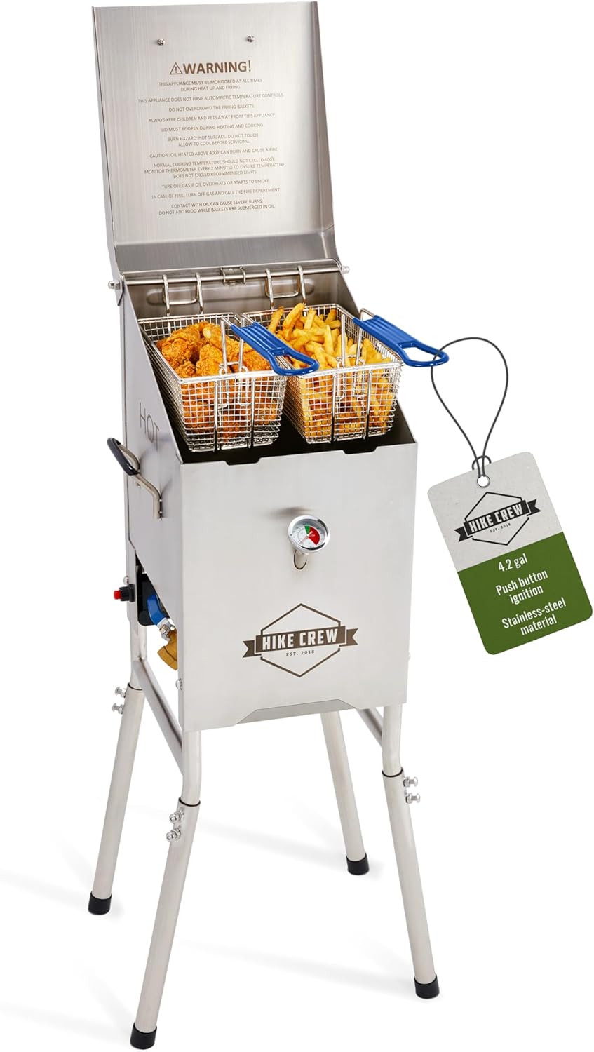 Hike Crew Outdoor 4-Gallon Propane Deep Fryer 57,000 BTU for Camping & Outdoor Kitchen with Push Ignition, 2 Stainless Mesh Frying Baskets, Built-In Thermometer, Gas Regulator & Drain Valve