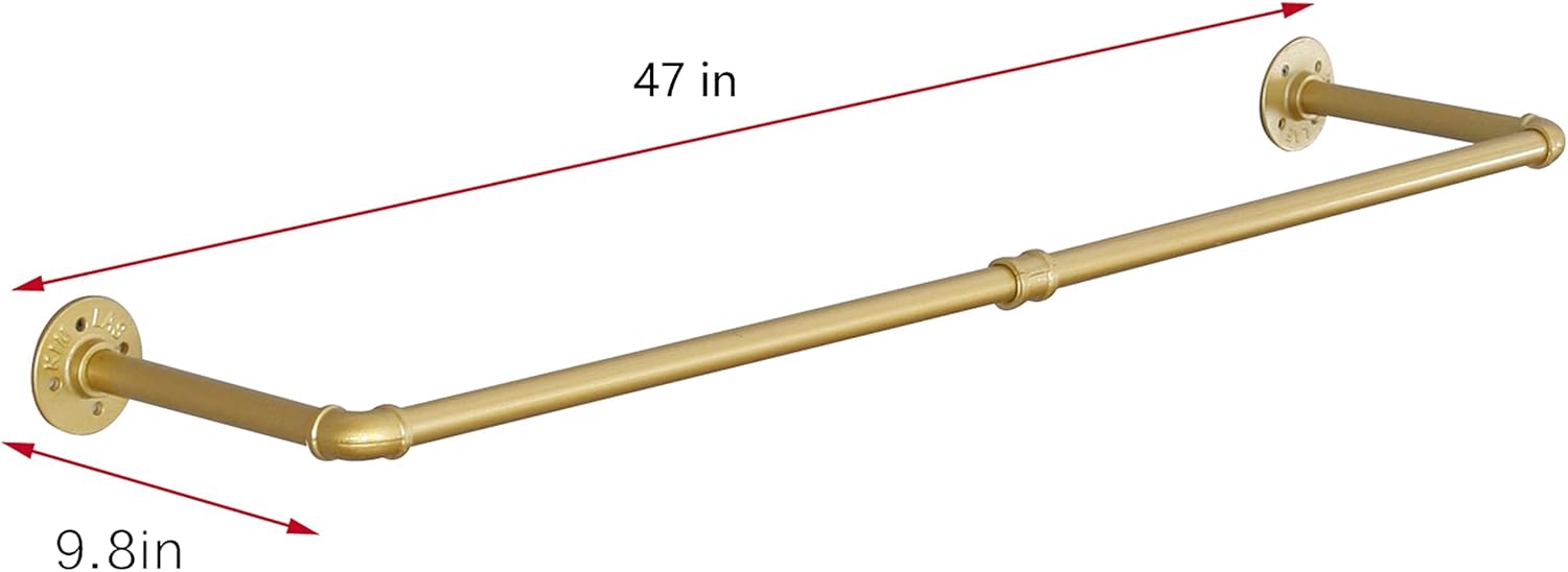 Industrial Pipe Clothing Rack Wall Mounted,Vintage Retail Garment Rack Display Rack Cloths Rack,Metal Commercial Clothes Racks for Hanging Clothes,Iron Clothing Rod Laundry Room (47in, Gold)
