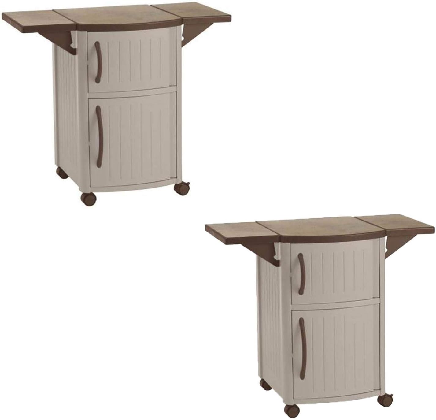 Suncast 2 Pack Outdoor Patio Grill Prep Station Cart with 2 Storage Cabinets, Light Taupe/Mocha