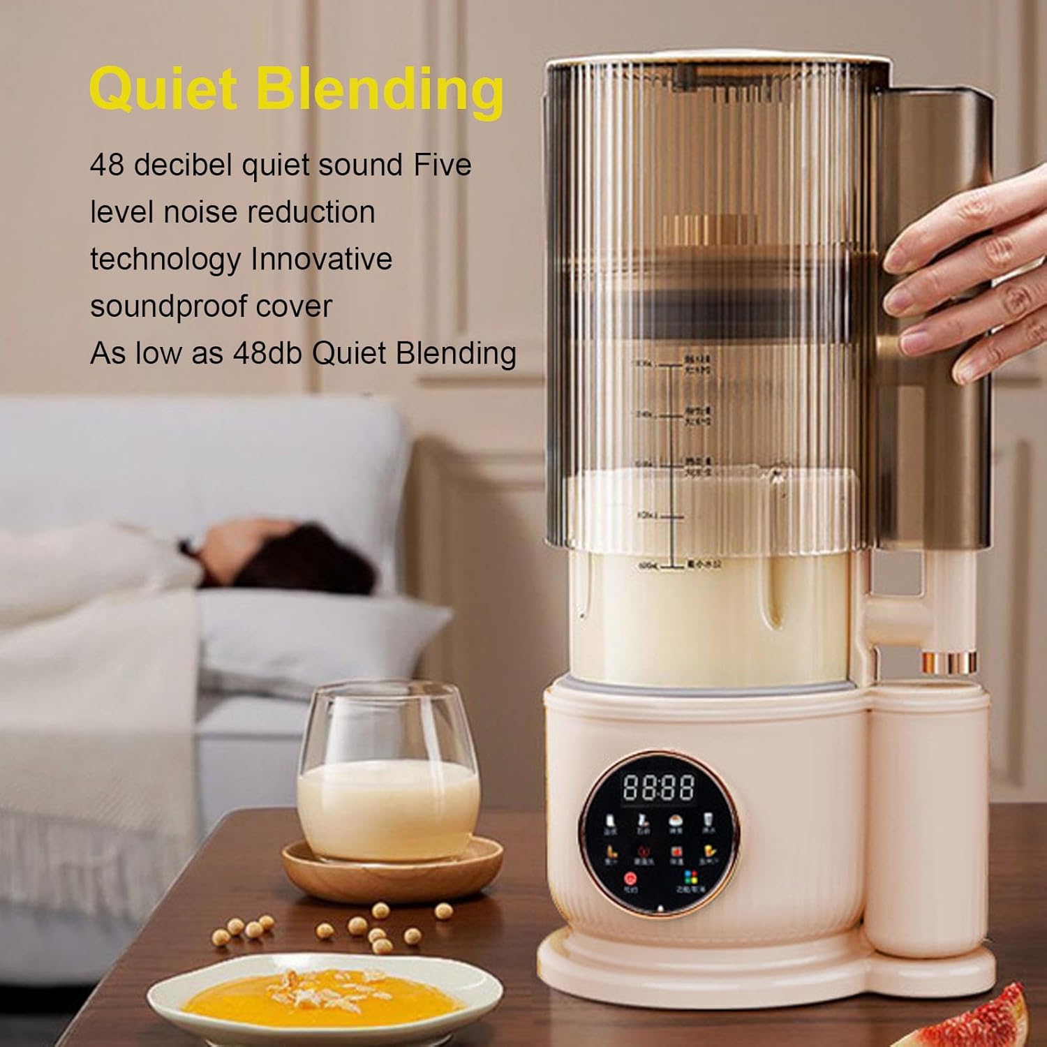 Electric Juicer, 1500ML Quiet Versatile Blender with 8 Preset Programs Heat Preservation Function Round Screen, Suitable for Smoothie Soy Milk Hot Soup, Beige