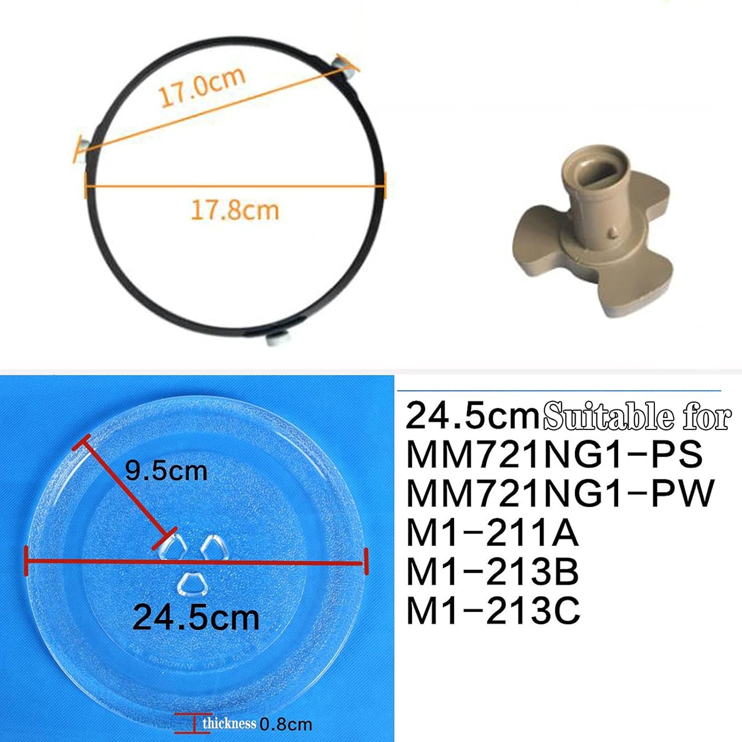 Turntable 24.5Cm Microwave Plate Round Glass Plate Turntable Replacement Plate with 3 Wheel Turntable Roller Ring Support 17.8 Cm A Plastic Core Y-Shaped Bottom Design