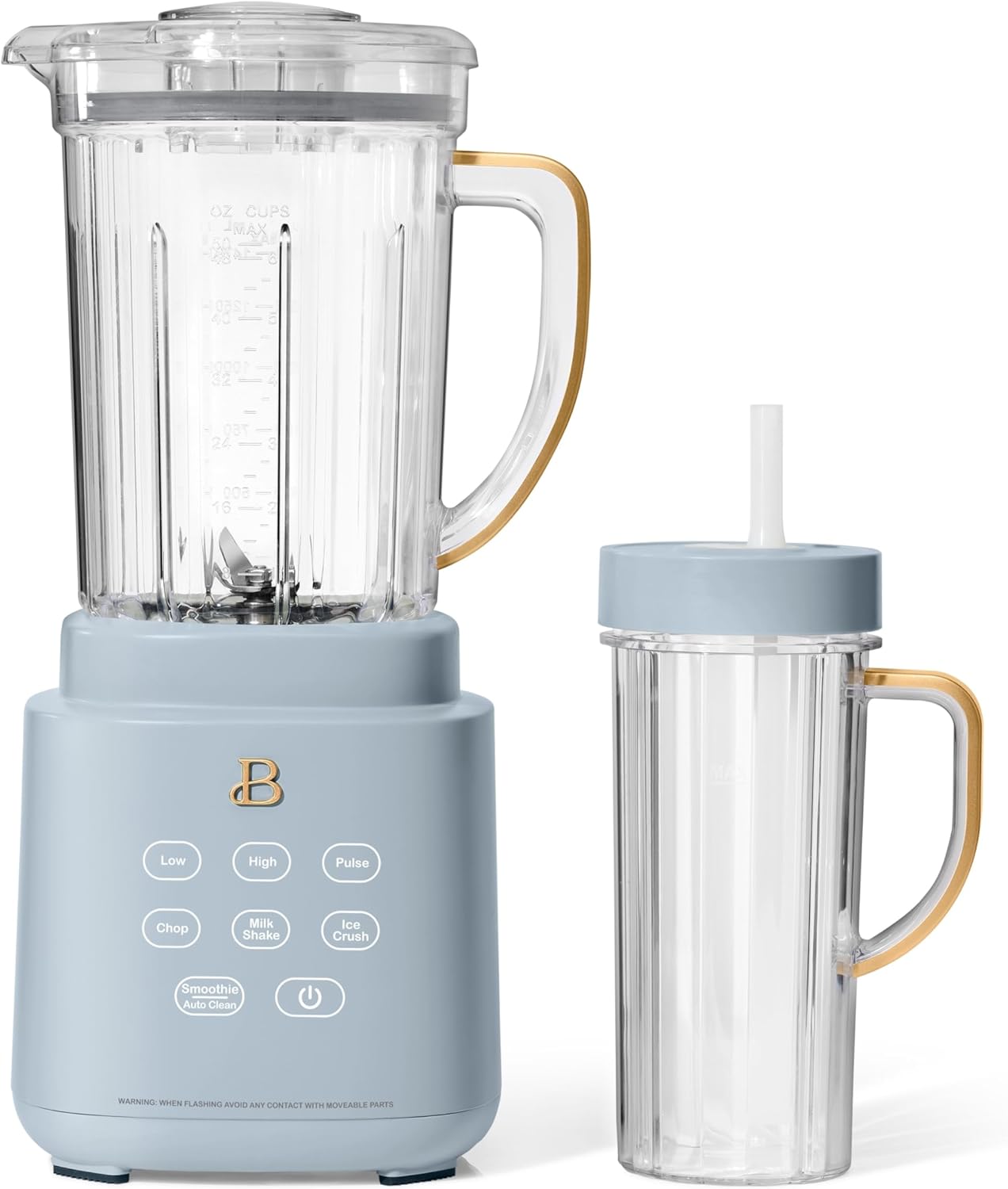 B'eautiful PowerExact High-Performance 700-Watt Blender by Drew Barrymore, 50-Ounce Pitcher, Stainless 4-Tip Blade, 3 Speeds + 4 Presets, Dishwasher-Safe Parts, Travel Cup Included (Cornflower Blue)