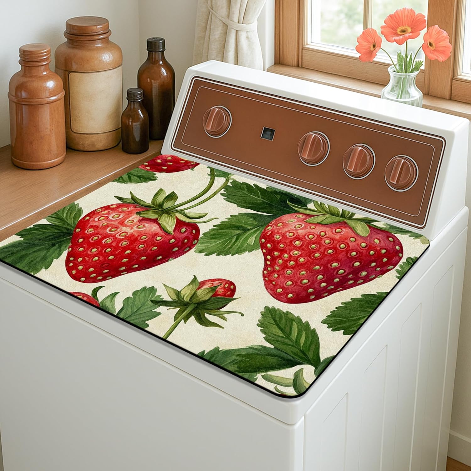 Strawberry Washer Dryer Top Protector Mat, Vintage Botanical Laundry Machine Dust Covers, Summer Rubber Anti-slip Waterproof Washer And Dryer Mats for Laundry Room 20x24 Inch