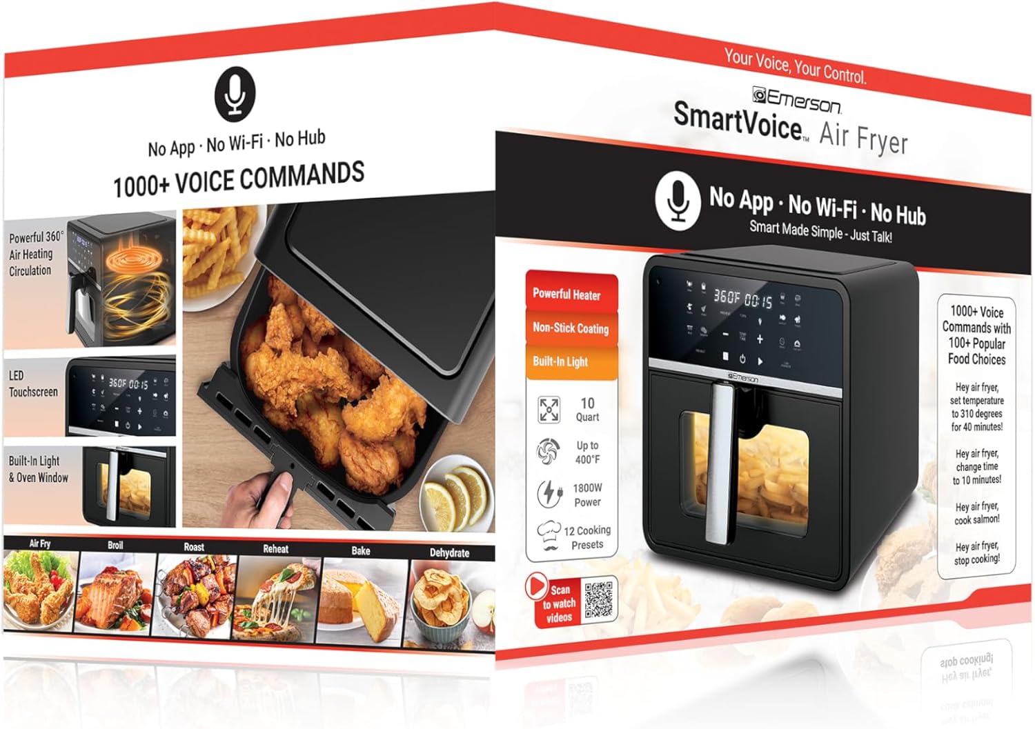 Emerson SmartVoice 10QT 6-in-1 Air Fryer, 1000+ Voice Control Commands, 100+ Recognized Food, No APP, No WIFI, No Setup, Nonstick Basket, Air Fry, Bake, Reheat, Dehydrate, 1700W