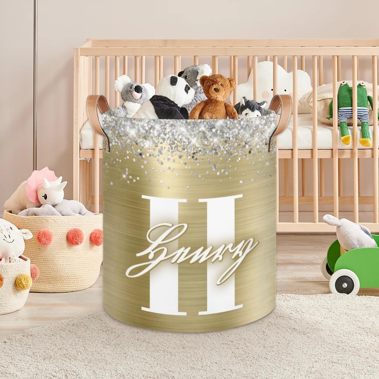 Custom Letter Collapsible Laundry Basket for Dirty Clothes, Large Laundry Hamper with Leather Handle Lightweight Gold Foil