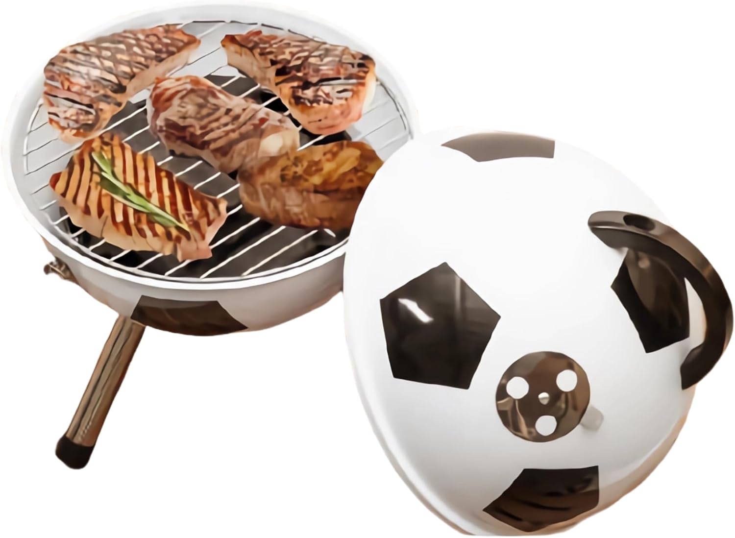 Soccer Theme Charcoal Grill, Portable Outdoor BBQ Grill, Small Round Kettle Smoker for Backyard, Patio, Camping, Party - 12.4”x17.3”