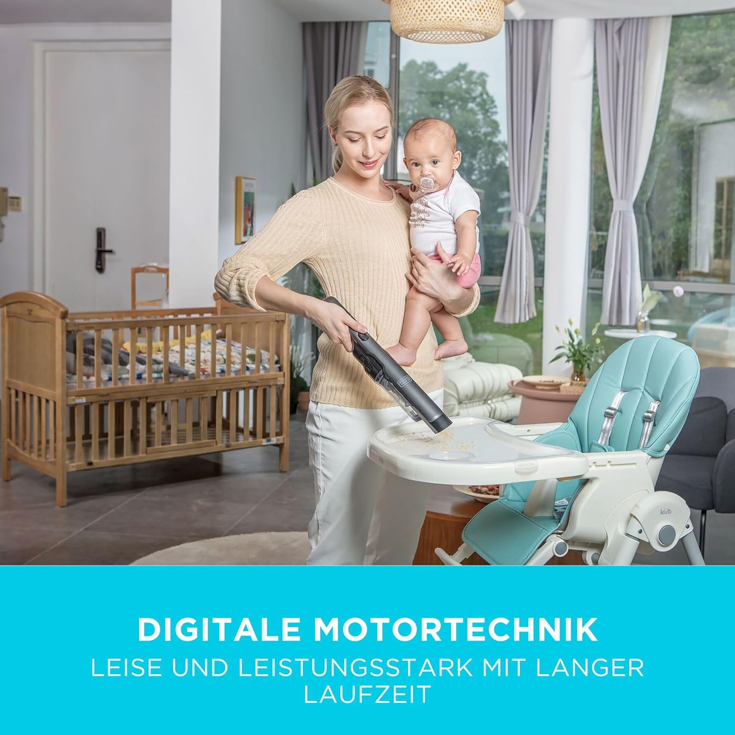 Aspirador de mano fino color pig brushless con accesorios. Potencia 12V y batería 2Ah Litio con cargador base