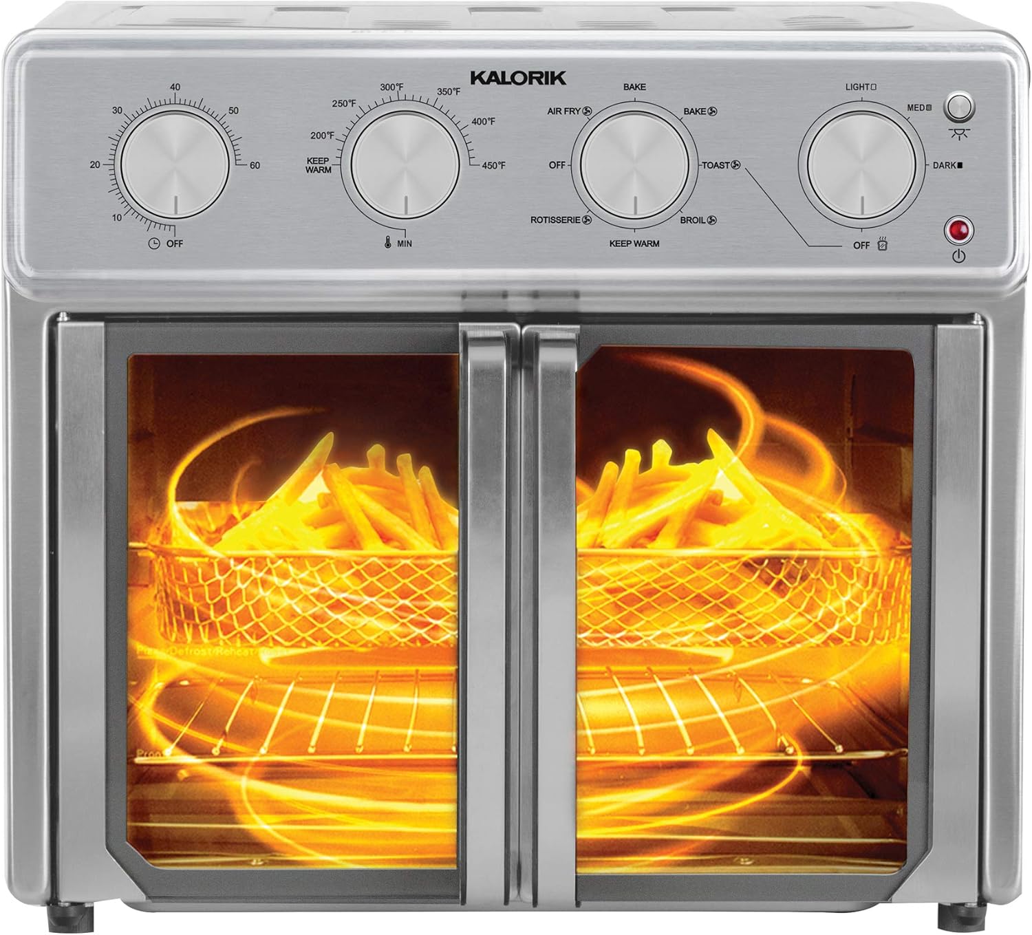 Kalorik MAXX Air Fryer Oven, 26 Quart 9-in-1 Countertop Toaster Oven and Air Fryer Combo - Fry, Bake, Roast, Rotisserie, & More, Large Glass French Doors & 7 Accessories, 1700-Watts, Stainless Steel