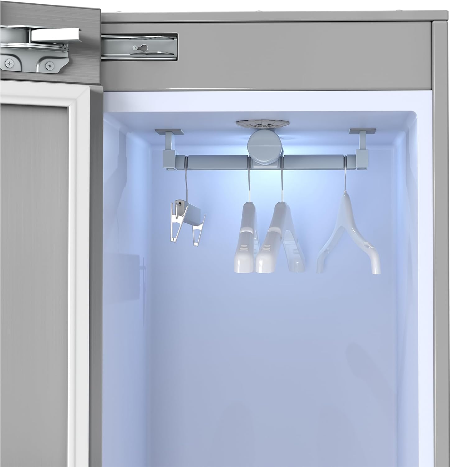 Equator 7.6cf Smart Steam Dryer Closet 4 Moving Hangers Quick20 Refresh Wrinkle Free in Stainless Steel left Hinge
