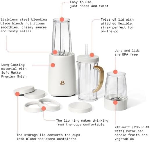 Beautiful Personal Blender Set with 12 Pieces, 240 W, (White Icing) by D'rew Barry'more