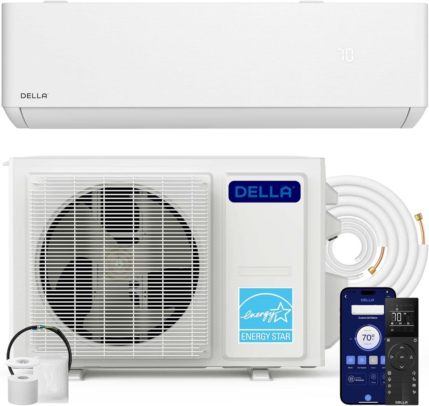 DELLA Hyper Heat Lower as -13℉ 12,000 BTU WiFi Mini Split,Work with Alexa,Energy Star 115V 23 SEER2,Cools Up to 550 Sq. Ft,Inverter AC with 1 Ton Pre-Charged Heat Pump & 16.4ft Installation Kits