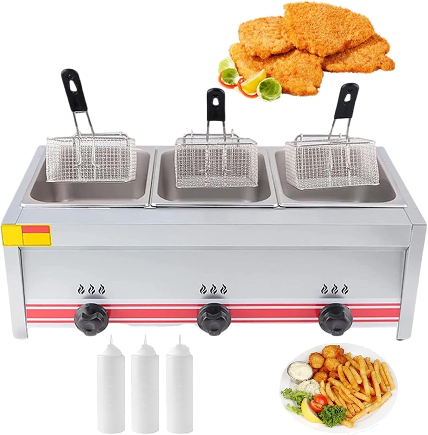 Stainless Steel ThreeTank Deep Fryer with Baskets & Lids & Squeeze Condiment Bottles for Commercial Kitchen, Countertop Gas Frying Machine for French Fries, Donuts, Chips, Fish