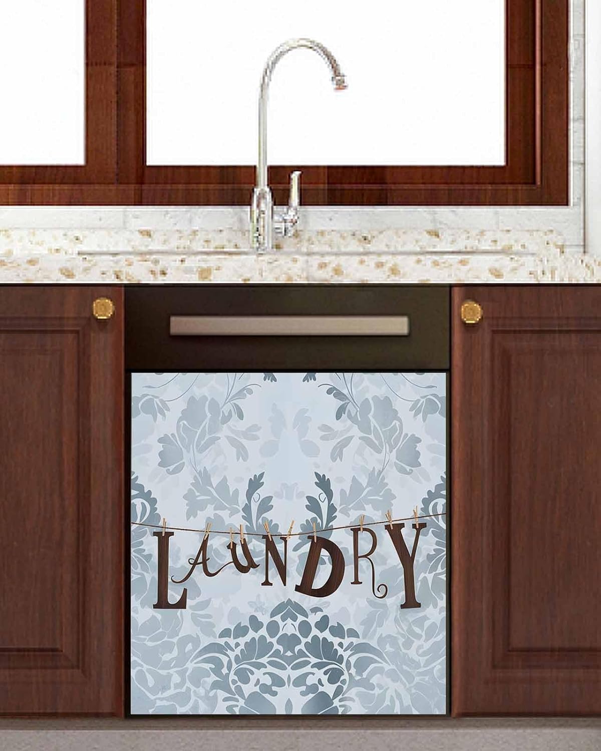 Dishwasher Magnet Cover, Laundry Blue Dishwasher Lid Magnetic Kitchen Sticker, Vintage Boho Modern Country Style Flower Resuable Refrigerator Magnet Covers Decal Fridge Kitchen Appliance 23''x26''