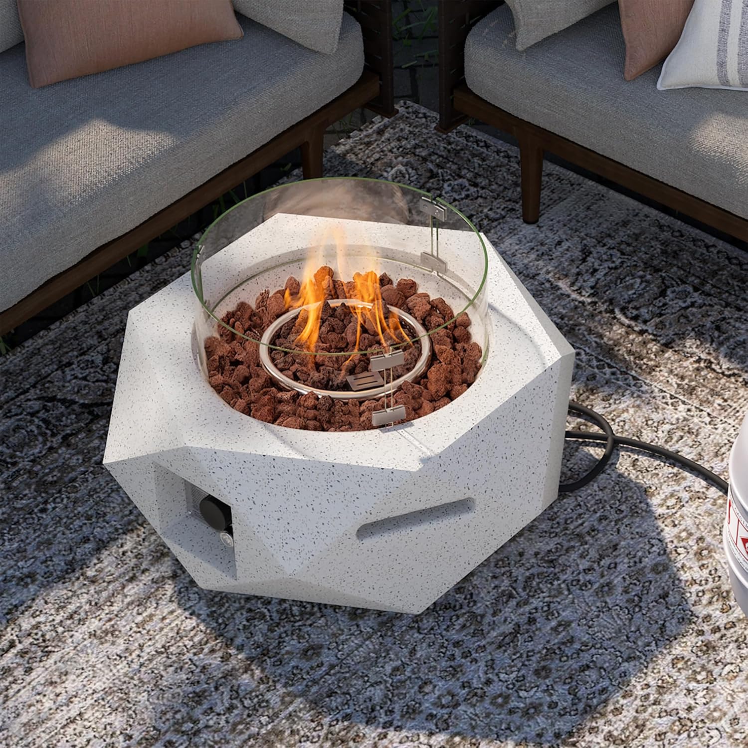 SUNBURY Outdoor Propane Fire Pit Table, 28 Inch Patio Gas Fire Table 50,000 BTU Small Fire Pit for Outside in Spotted White w Glass Wind Guard, Lava Rocks