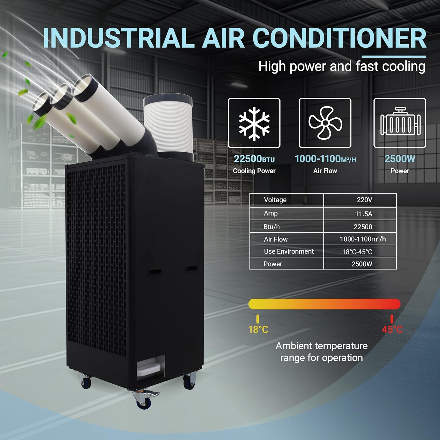 Industrial Air Conditioner 22500BTU/H Portable Air Conditioner Industrial Grade with 3.4Gal Water Tank Portable Mobile Spot Cooler Three-Duct 2.5KW 220V