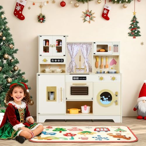Costzon Kids Play Kitchen, Wooden Toy Kitchen Playset w/Ice Maker, Coffee Maker, Washing Machine, Curtain, Microwave & Oven, Pretend Toy Kitchen w/Storage for Boys and Girls Aged 3+