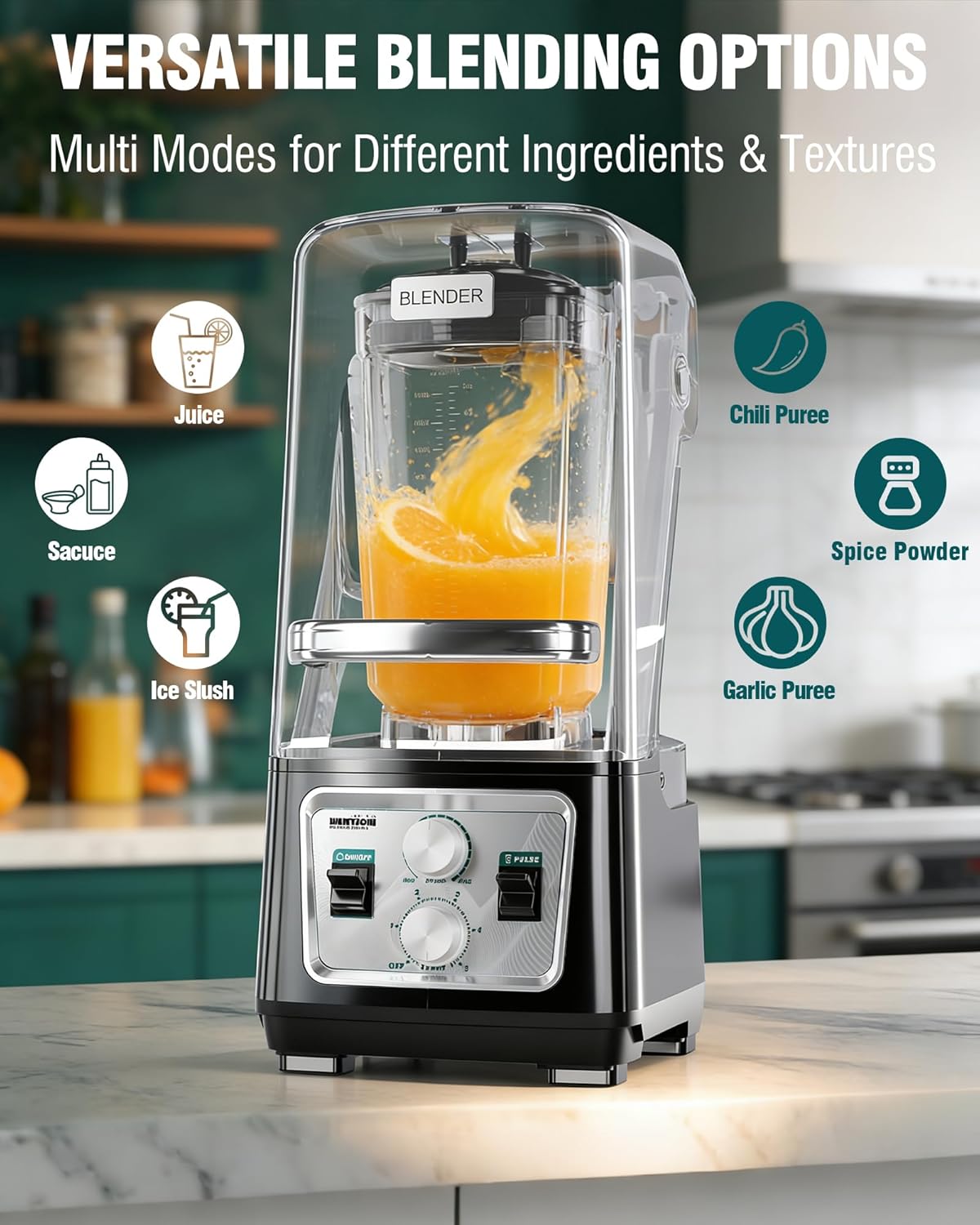 WantJoin Commercial Blender- 80Oz Quiet Shield Smoothie Blender, 1600W Professional Ice Crusher with 6 Blades & 15 Speeds, High-speed Ice Drink Maker for Restaurant Café Home, Dishwasher Safe