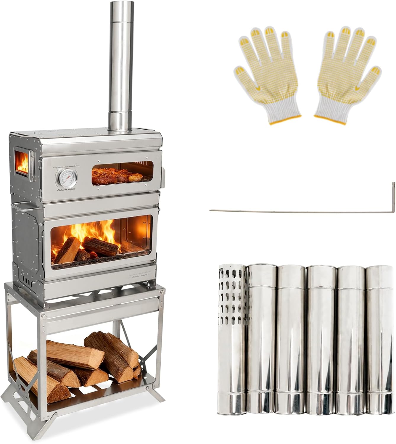 Wood Burning Stove with Oven and Rack - Camping Tent Stove with Chimney Pipe, Stainless Steel Hot Tent Stove for Outdoor, Cooking, Hiking