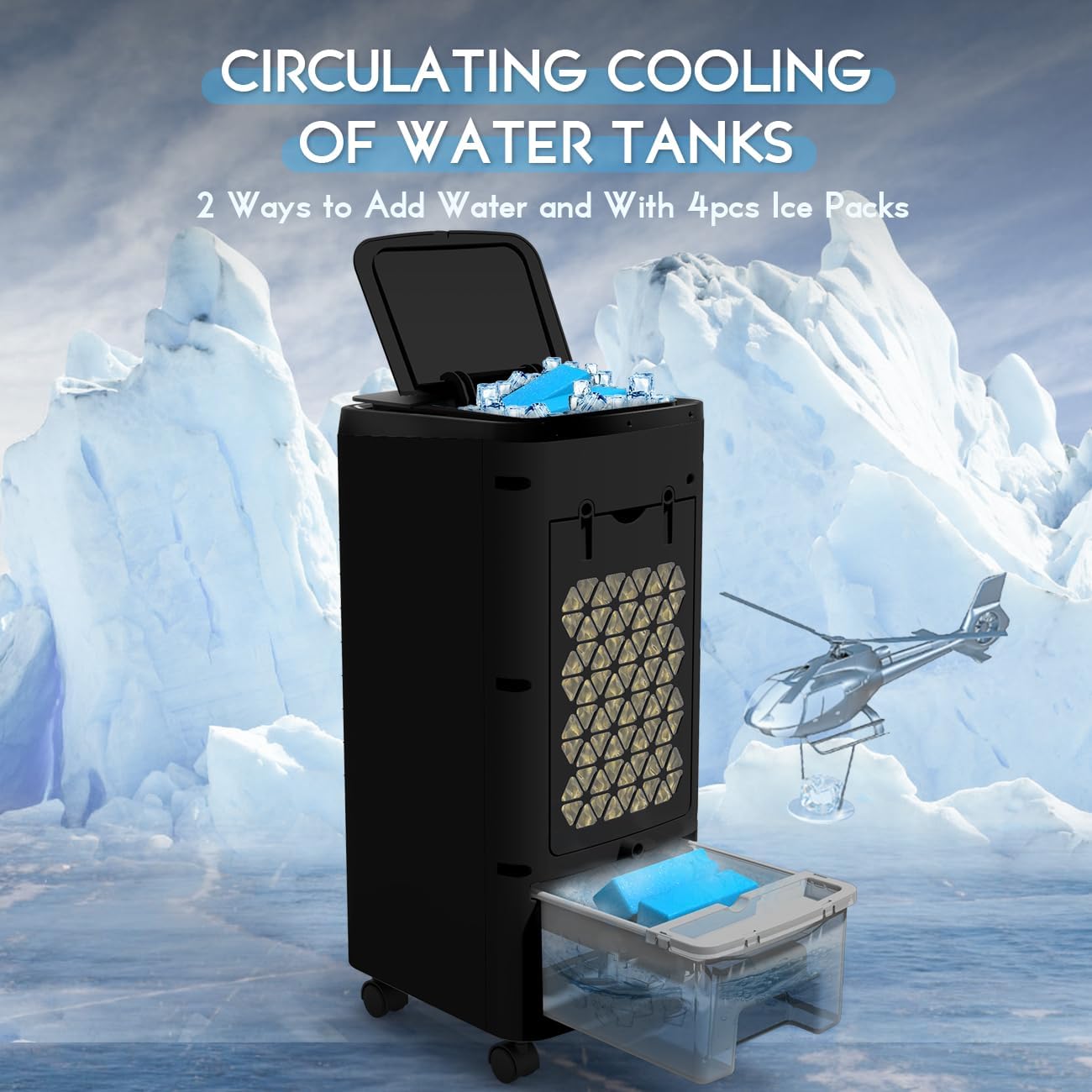 NOMEY Evaporative Air Cooler, 3-IN-1 Air Conditioner Portable for Room w/ 4 Modes & 3 Speed, 12H Timer, 1 Gal Detachable Water Tank, 4 Ice Packs, Remote, 70° Oscillation Air Cooler for Bedroom Indoor