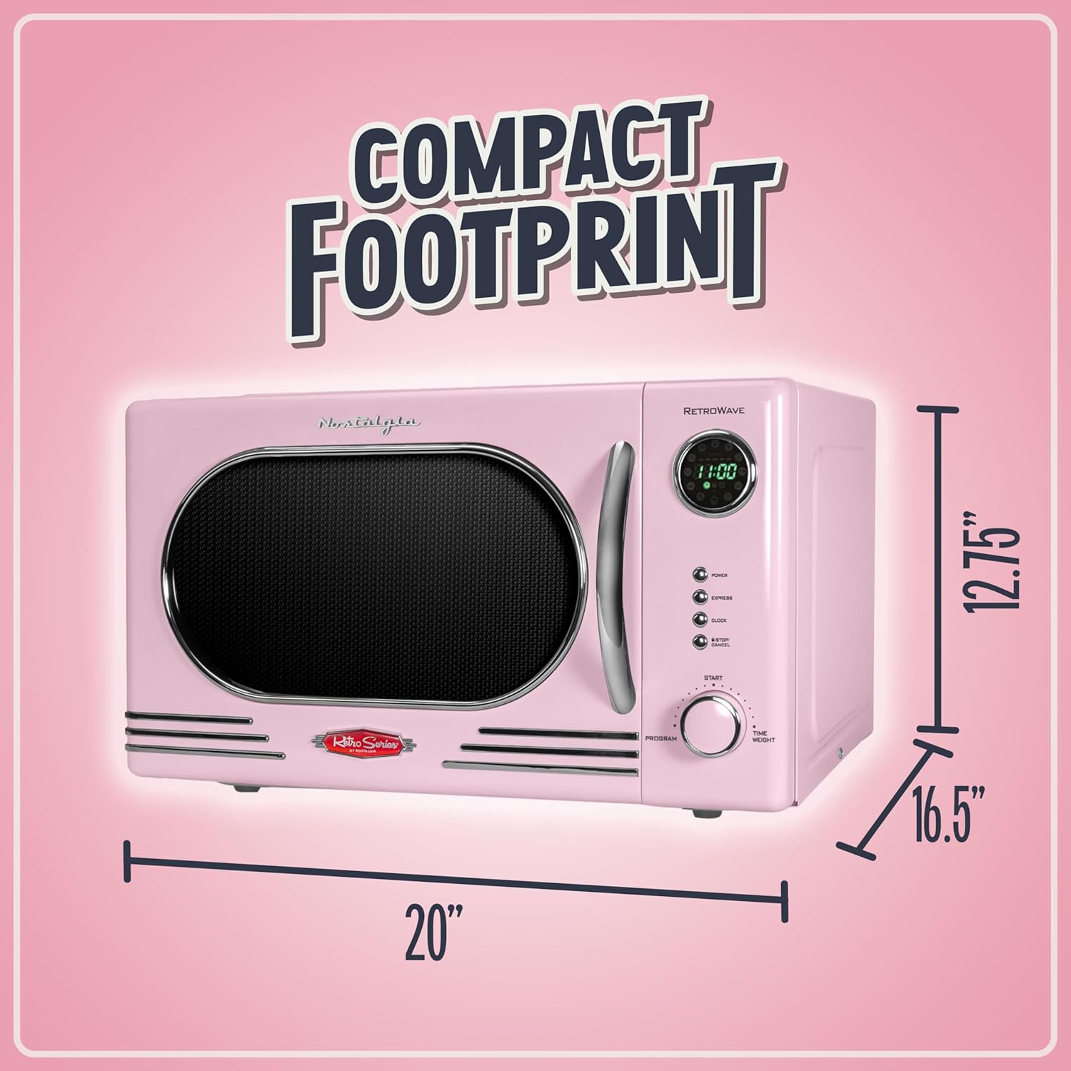 Nostalgia Retro Countertop Microwave Oven - 1.1 Cu Ft & 1000 Watt Power- Easy to Clean with Removable Glass Turntable - Child Safety Lock - 12 Programs - Digital Clock - Pink