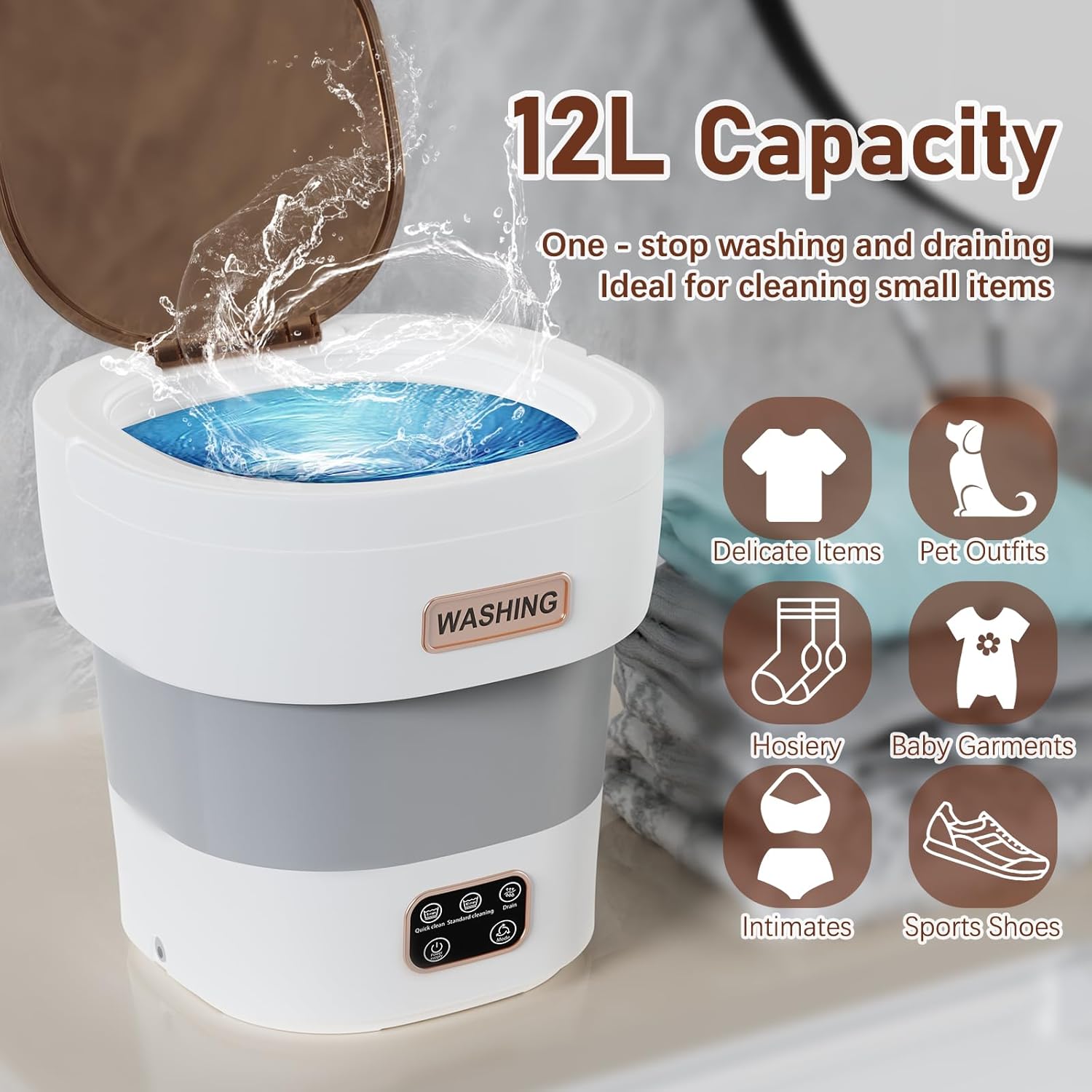 Portable Washing Machine - The Upgraded 12L Foldable Mini Washer with Powerful Cleaning & Low-Noise Design | Perfect for Household, Baby Clothes, Travel, Apartments/Dorms/RVs （Grey-White)
