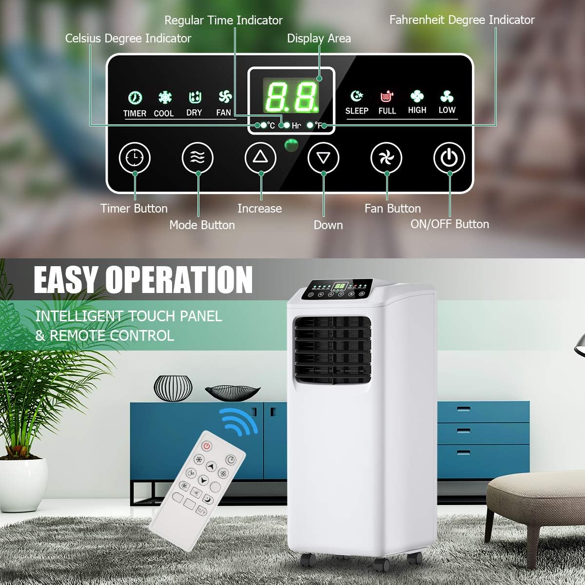 Portable Air Conditioner Easy-cool 3-in-1 Floor AC Unit with Dehumidifier,Fan Modes,Remote Control,Complete Window Mount Exhaust Kit for Rooms
