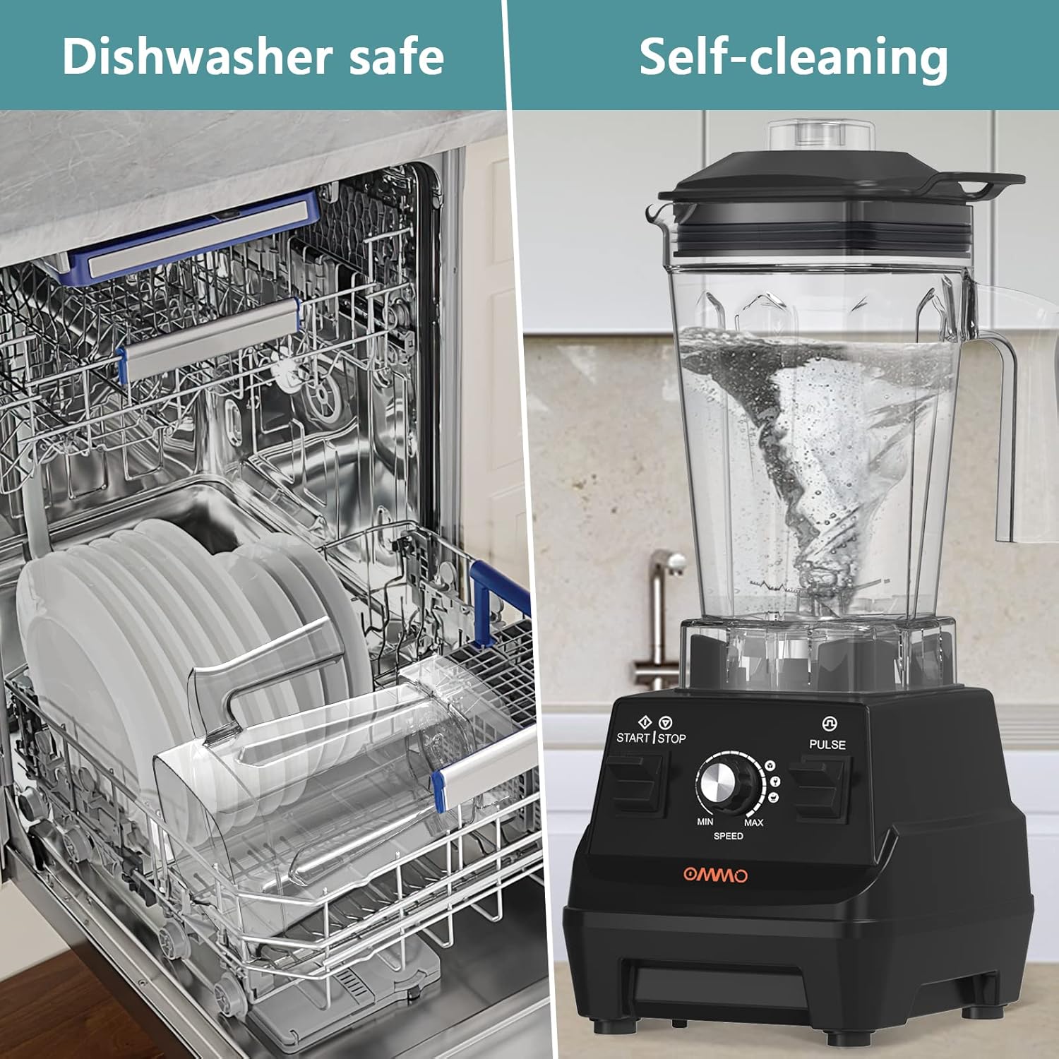 OMMO Blender 1800W, Professional High Speed Countertop Blender with Durable Stainless Steel Blades, 60oz BPA Free Blender for Shakes and Smoothies, Nuts, Ice and Fruits, Dishwasher Safe