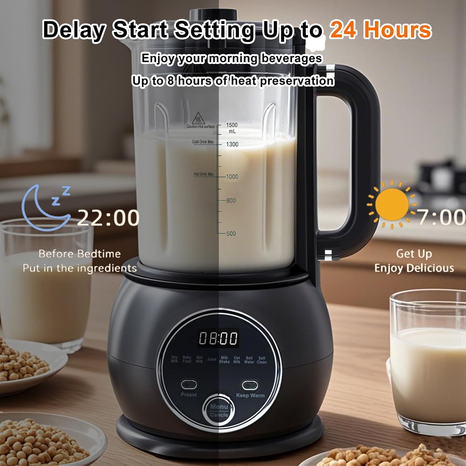 10 in 1 Nut Milk Maker Hot Blender,51oz Homemade Soy, Almond,Oat,Plant Based,Baby Food Maker 20 Blades,Automatic Soybean Machine with 24H Delay Start/Keep Warm8H/Boil Water&Auto Clean