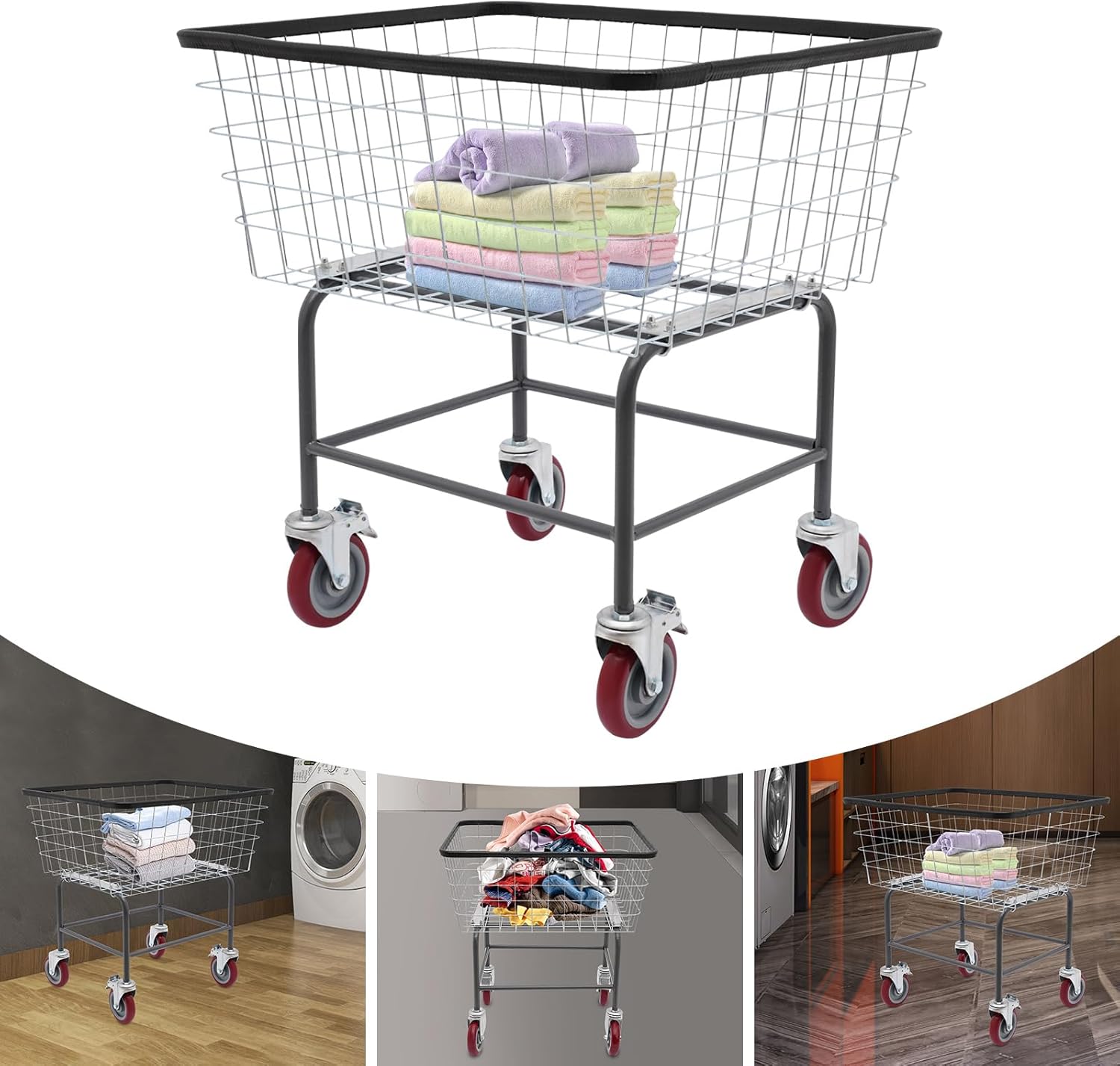Heavy Duty Steel Wire Laundry Cart with Wheels, Rolling Laundry Basket Galvanized Frame & 4 Casters, Industrial Bumper for Homes, Hotels, Bathrooms, and Commercial Laundries