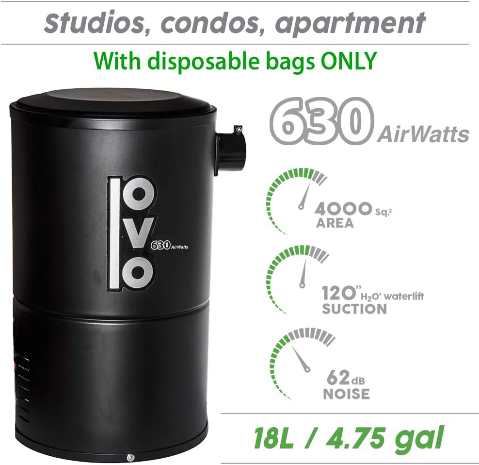 OVO Compact and Powerful Central Vacuum System, Condo Vac, 630 Airwatts, Use with Disposable Bag, 18L or 4.75Gal, 30 ft Deluxe Accessory Kit Included