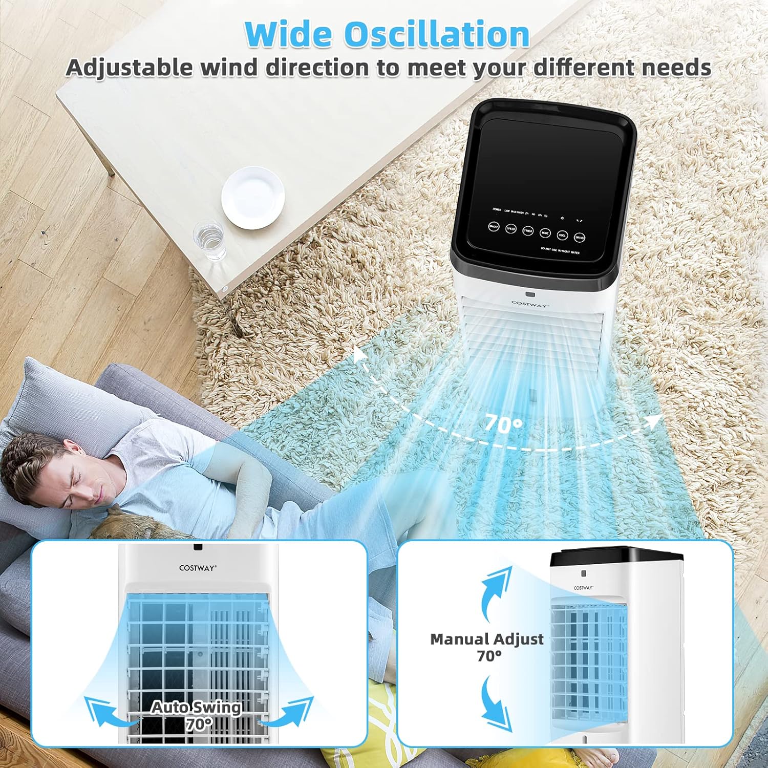 COSTWAY Evaporative Air Cooler, 3-in-1 Portable Quiet Swamp Cooler and Humidifier with Remote, 4 Modes, 70° Oscillation, 12H Timer, Water Tank Lock, Evaporative Cooler for Bedroom Home Office Dorms