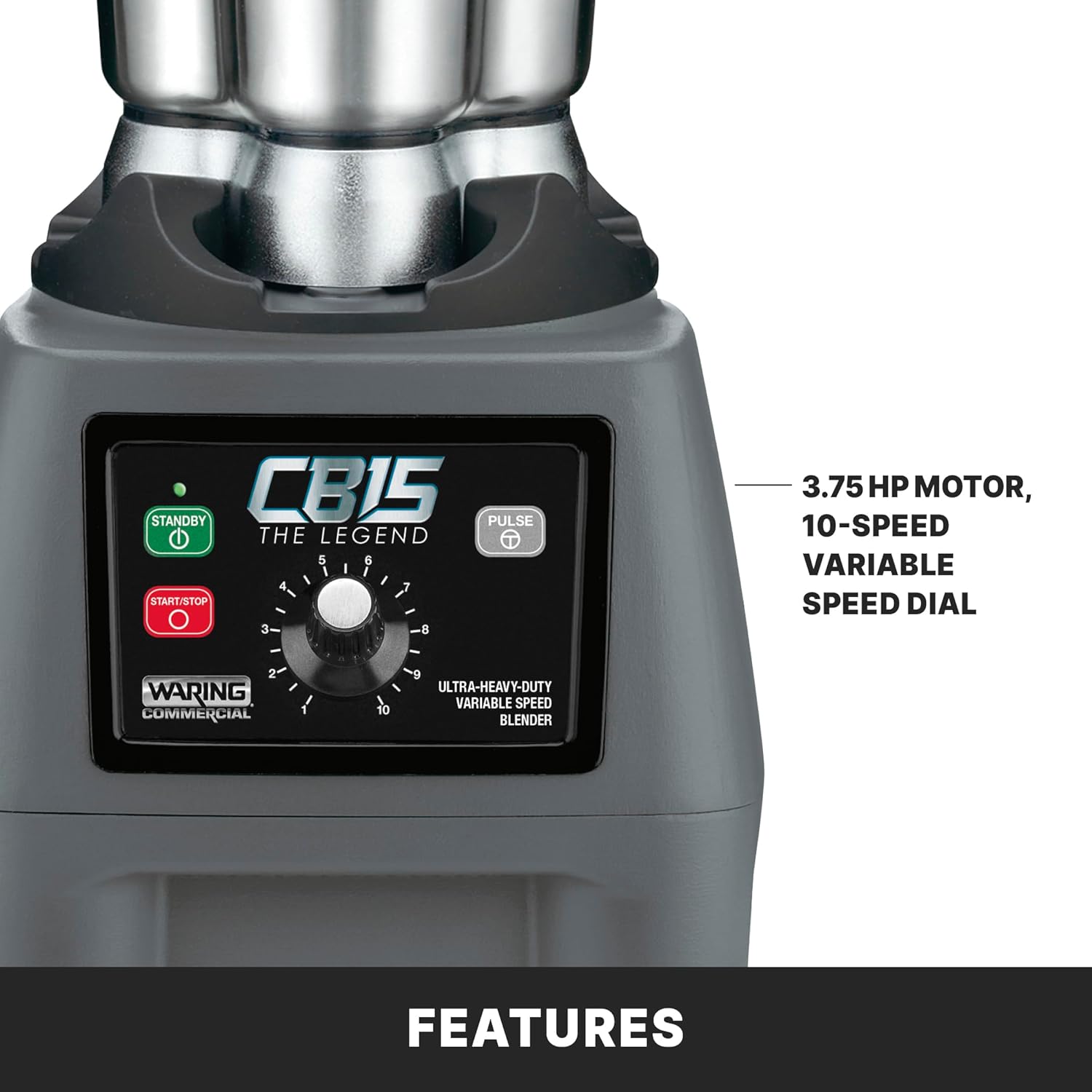 Waring Commercial CB15V Ultra Heavy Duty 3.75 HP Blender, Electric Touchpad Controls with Variable Speed, Stainless Steel 1 Gallon Container, 120V, 5-15 Phase Plug, Black