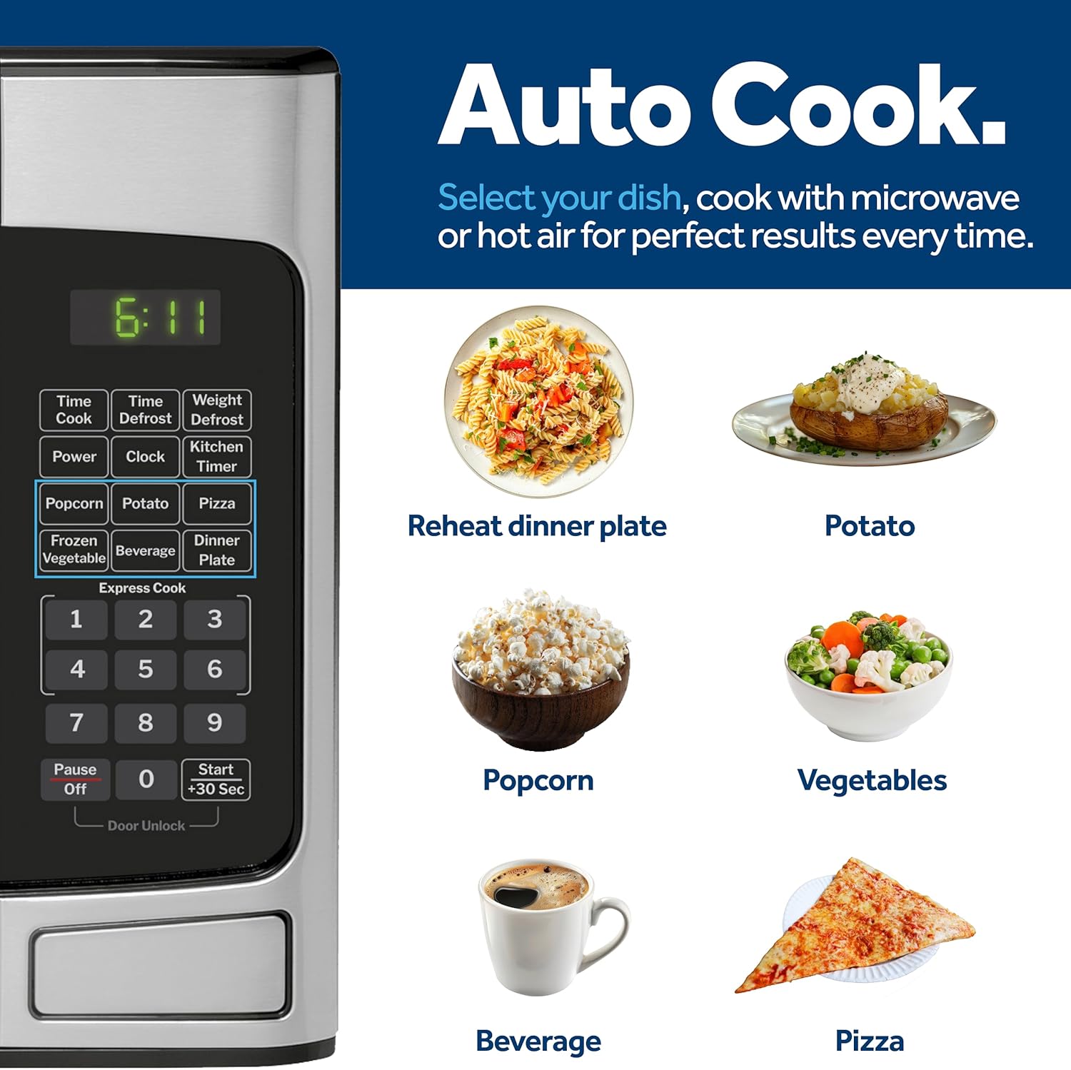 GE Compact Countertop Microwave Oven, 1.1 Cubic Ft., 950w Capacity, 6 Auto Cook Settings, Child-Lock Technology, Dorm Room, Apartment, Stainless Steel