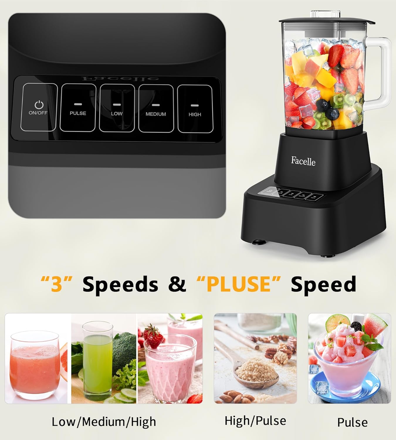 Smoothie Blender, Facelle Countertop Blender for Kitchen, 55 oz Glass blender for smoothies and Shakes, Licuadora, Smoothie maker with touchscreen 3+P Speeds, Cleaning brush ＆ removable SS304 blade