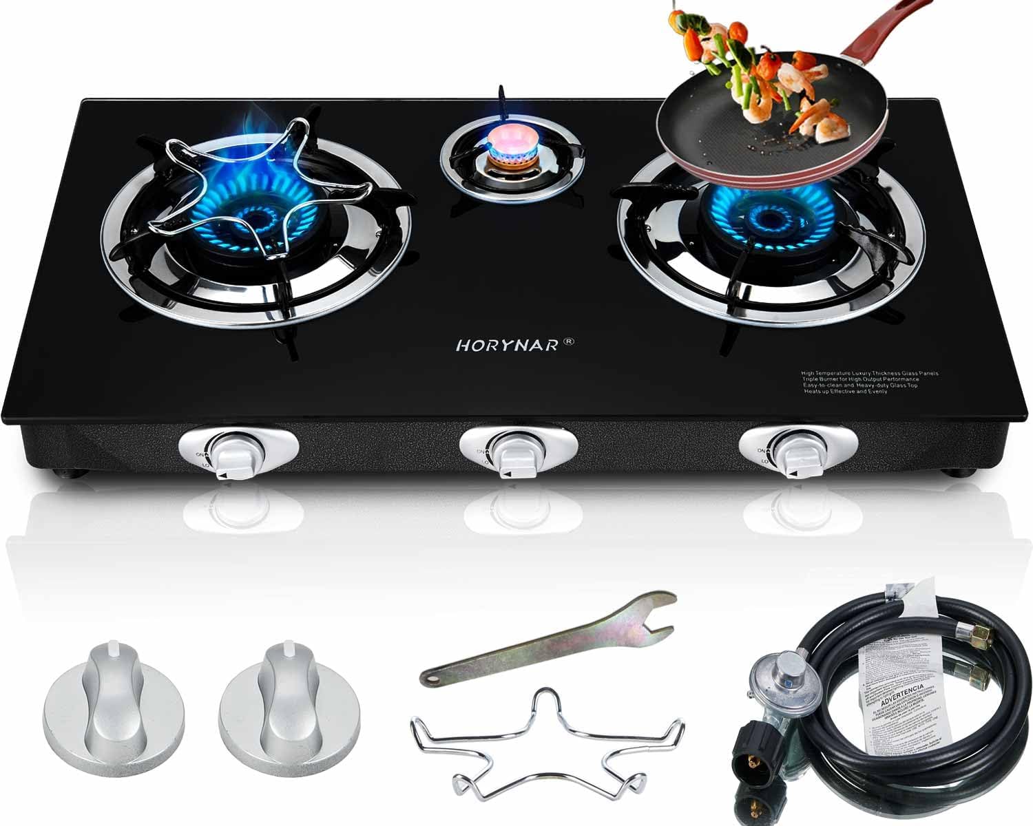 Propane Stove 3 Burner, Propane Burner, Auto Ignition, Gsa Stove 28,000 BTU,Thickened High-temperature Glass, Easy to Clean, with CSA Hose for Outdoor Cooking, RV, Emergency