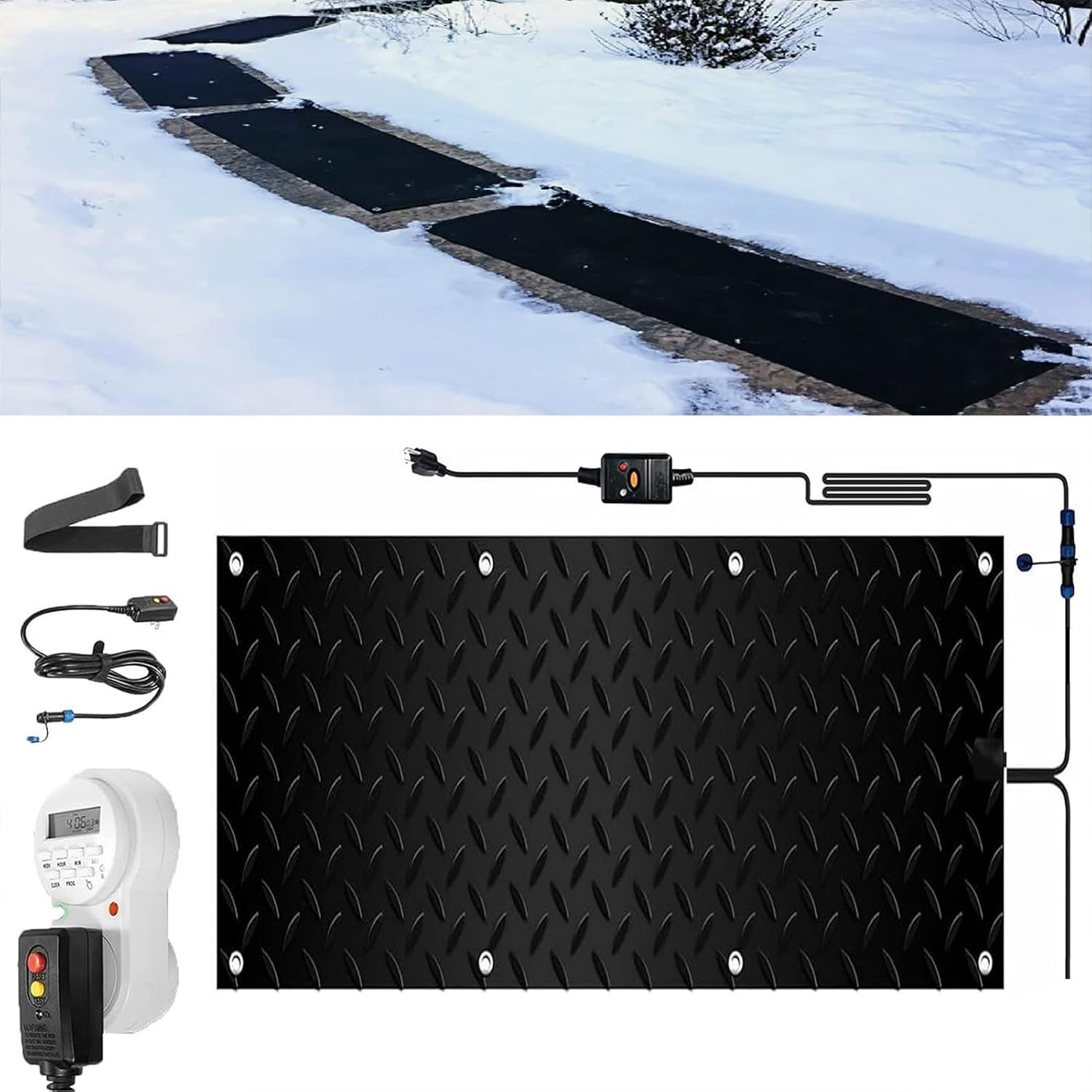 Heated Snow Melting Mats with Timer, 1/2/3/4/5 Pcs Outdoor Slip Proof Ice Heated Rubber Mat for Driveway Walkway Decks and Sidewalks Connection with 9.84 ft Power Cord for Winter(1 Pcs,12x36in