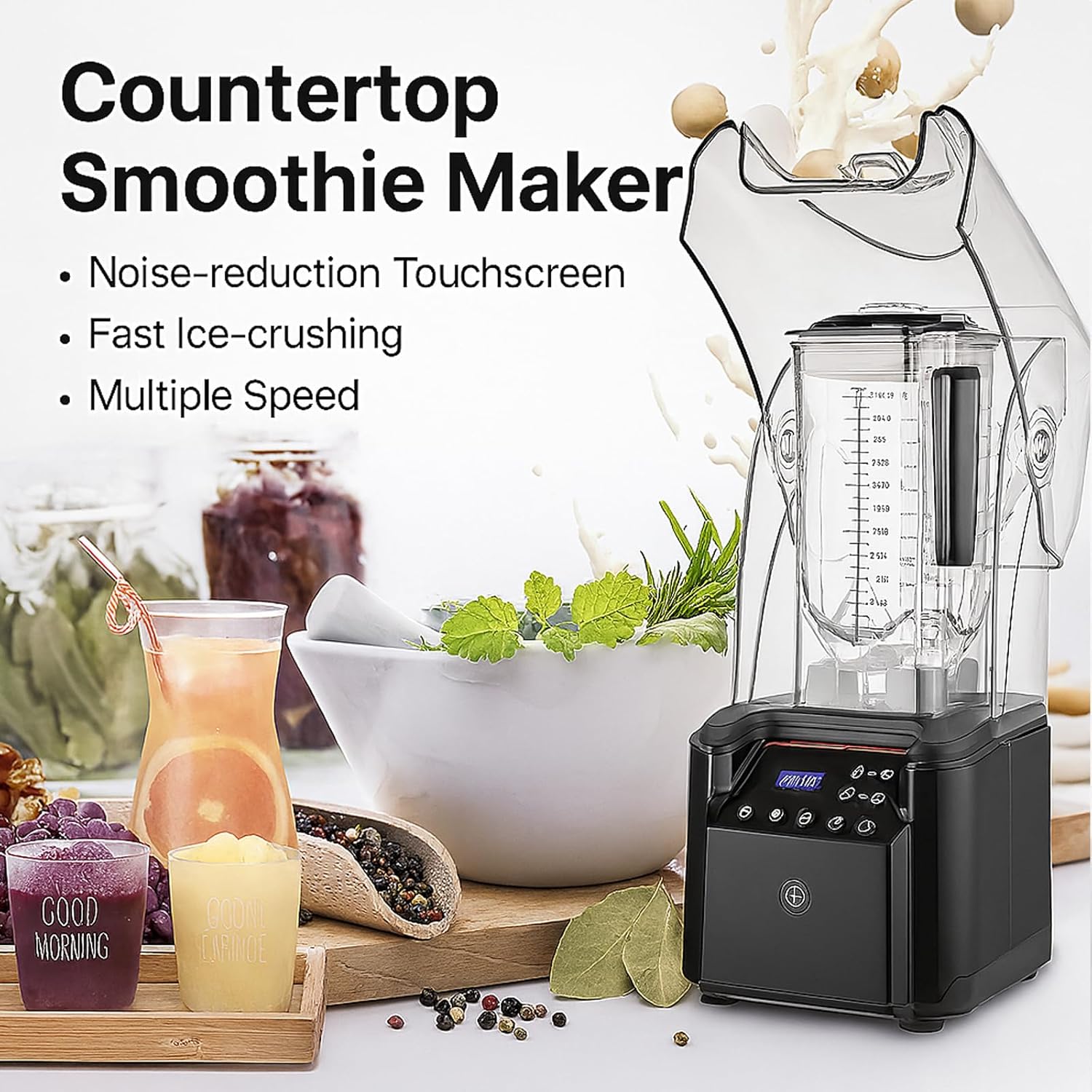 2200W Quiet Commercial Blender with Soundproof Shield – 2.2L Countertop Smoothie Maker with Smart Touch Screen – High Speed Food Blender for Ice, Juices, Shakes, Restaurants, Home Use,Black