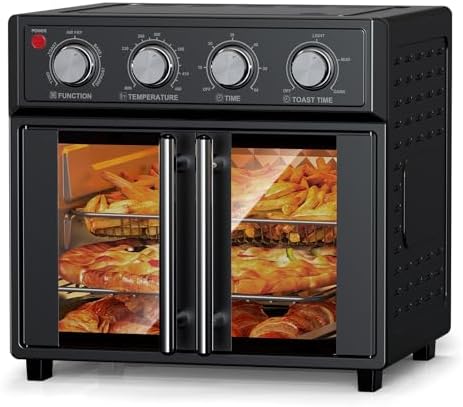 PlumChef 29.5QT Large capacity French Double-Door Air Fryer Convection Toaster Oven,1700W, 7 Preset Menus, 7-in-1 Multi-Function for Bake, Roast, Grill, Toast, Dehydrate& Defrost,Stainless Steel,Black