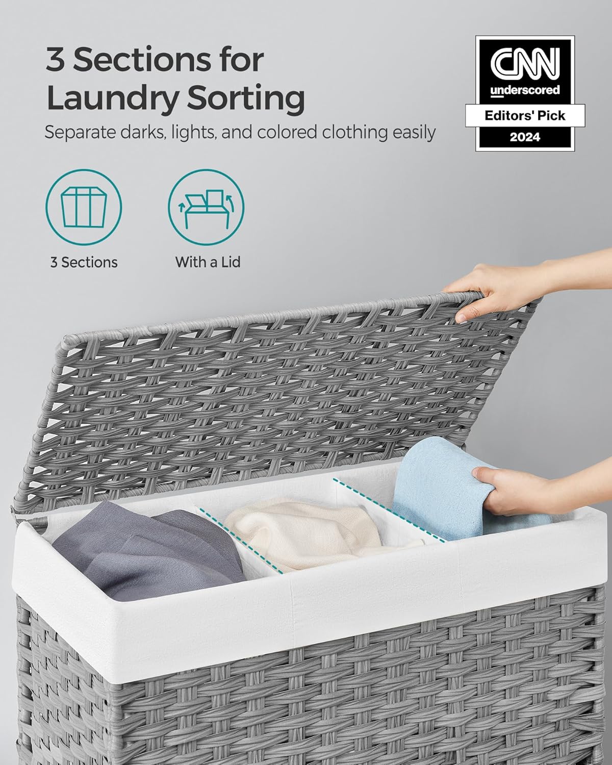 SONGMICS Laundry Hamper with Lid, 37 Gallons (140 L), Rolling Laundry Basket with Wheels, 3-Section Synthetic Rattan, Removable Liner, Bedroom, 26 x 13 x 26 Inches, Gray ULCB363G01