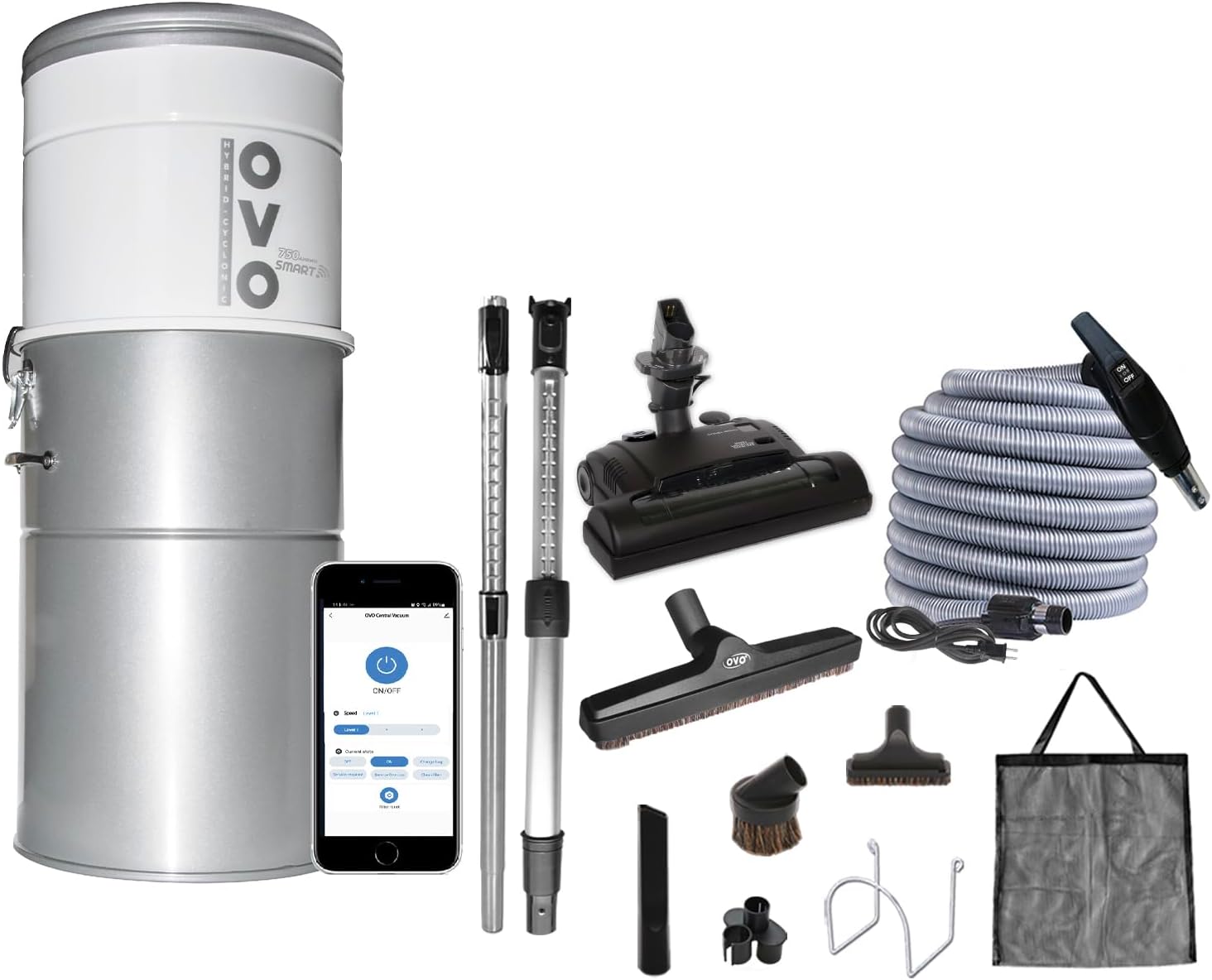 OVO 750 AW Smart Central Vacuum System-Conventional & Smart App ON/OFF Control and more-Soft Start/Stop, 3 Suction Levels & Voice Control Hybrid Filtration, + 40ft Carpet Deluxe Accessory kit Included