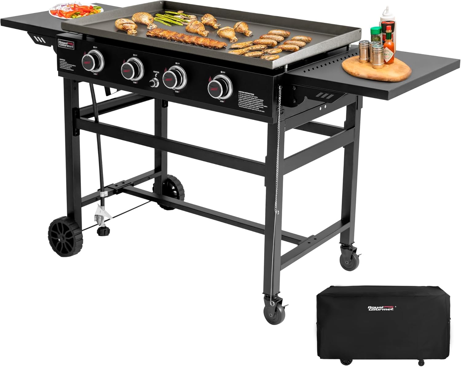 Royal Gourmet GB4001C-N 4 Burner Propane Gas Griddle with Cover, 35 Inch Outdoor Flat Top Grill Griddle with Foldable Side Tables & 52,000 BTUs Output for Barbecue Grilling, Black