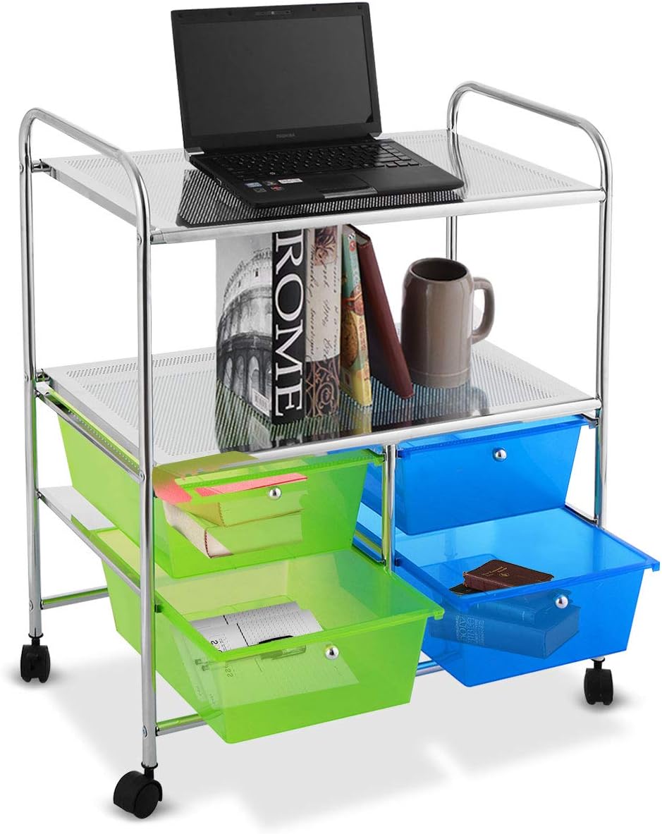 Giantex Rolling Storage Cart w/ 4 Drawers 2 Shelves Metal Rack Shelf Home Office School Beauty Salon Utility Organizer Cart with Wheels (Blue & Green)