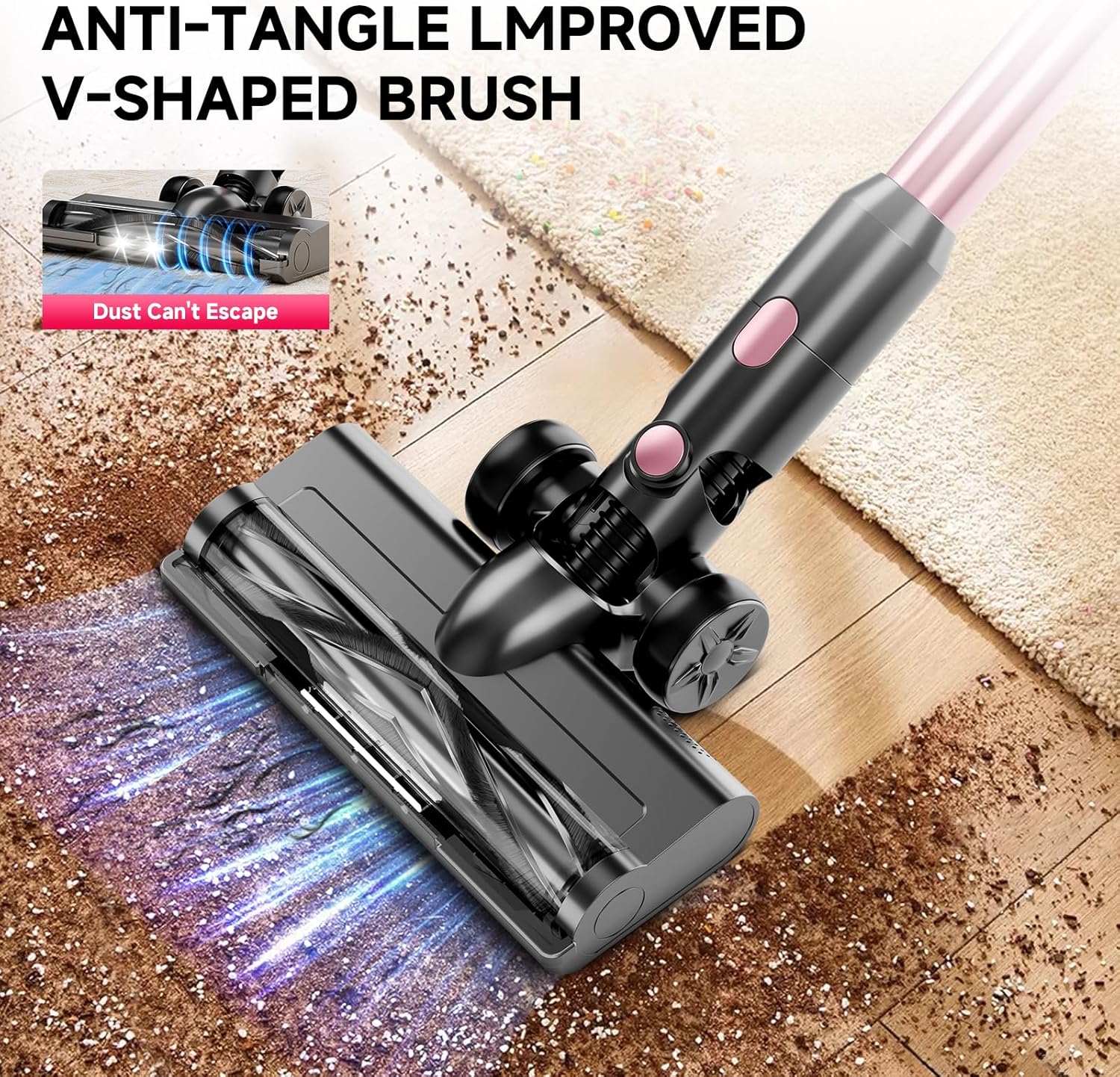 Cordless Vacuum Cleaner, 8 in 1 Powerful Stick Vacuum with 45min Runtime, Anti-Tangle Vacuum Cleaners for Home, Lightweight Handheld Wireless Vacuum for Hardwood Floor Carpet pet Hair, Rose B