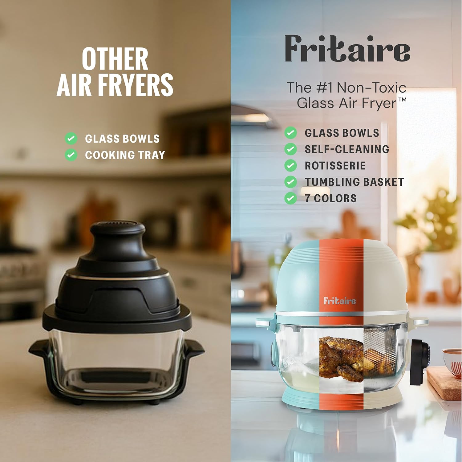 Non Toxic Air Fryer™ - Glass AirFryer 5 Quart w/ 360 Visibility, Self-Cleaning, 400F Vortex Air Fryer for Even Cooking, BPA-Free Teflon Free, 9-in-1 Functions, Rotisserie, Roast, Bake, Black