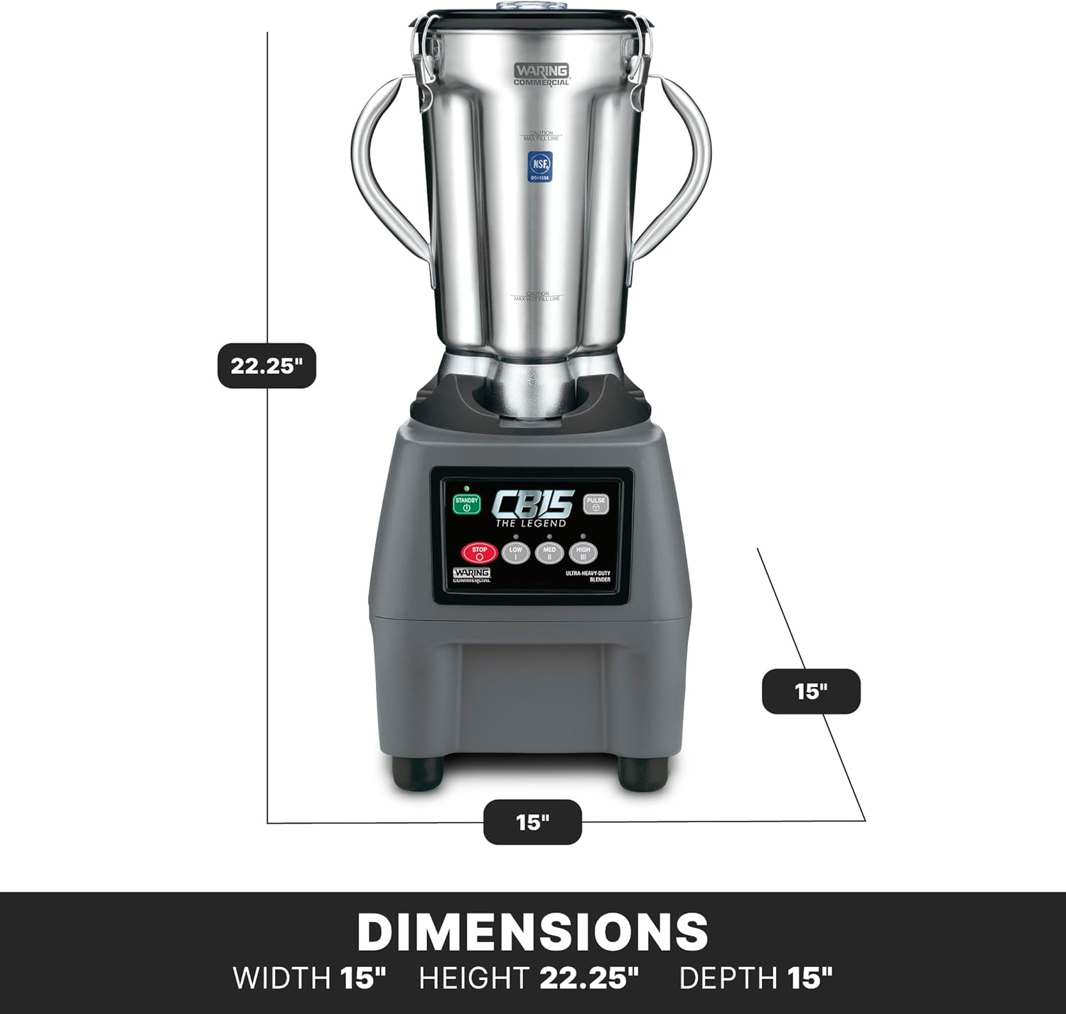 Waring Commercial CB15 Ultra Heavy Duty 3.75 HP Blender, Electric Touchpad Controls with Stainless Steel 1 Gallon Container, 120V, 5-15 Phase Plug,Black