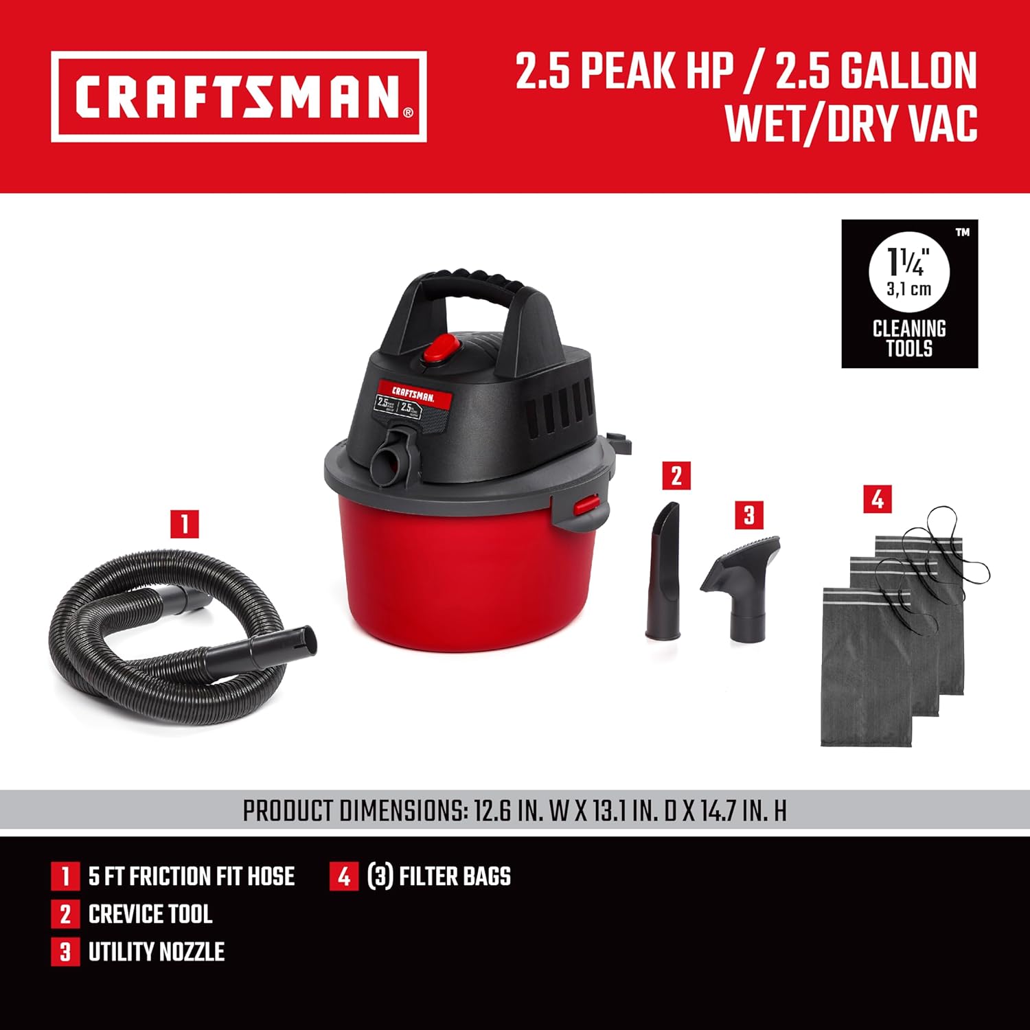 CRAFTSMAN CMXEVBE17250 2.5 Gallon 2.5 Peak HP Wet Dry Vac, Portable Shop Vacuum Wet and Dry with 4 Filter Bags, Hose and Attachments for Cleaning in the Home